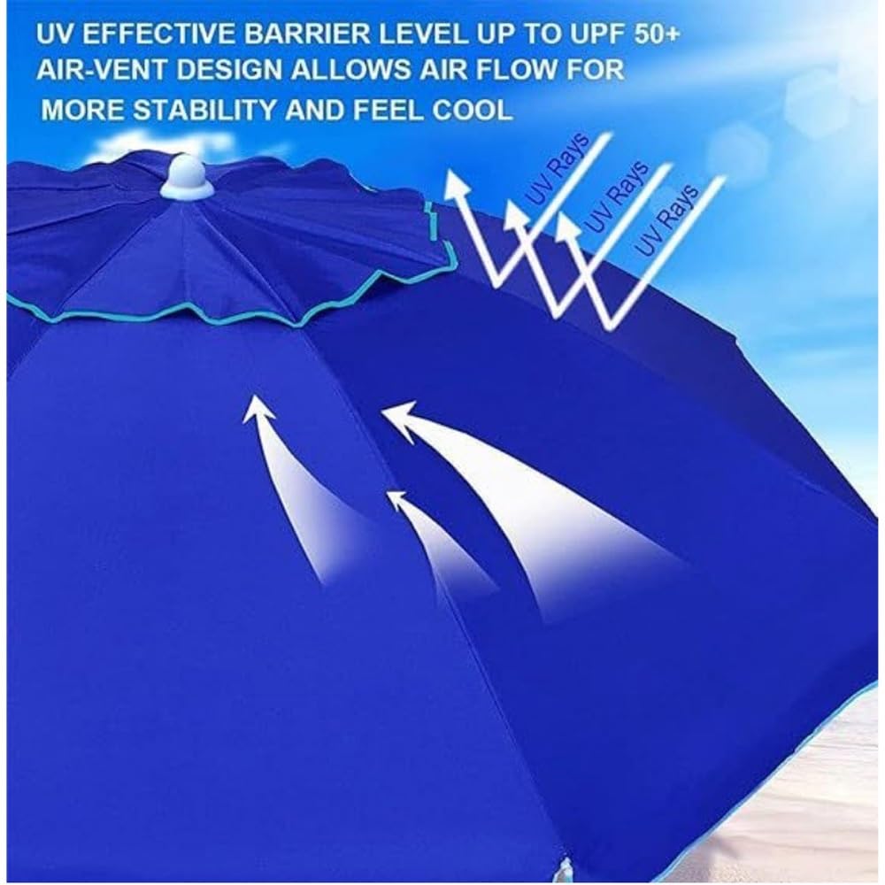 Strandschirm mit Sand Anker Ø 200cm, Sonnenschirm Portable knickbar, Tragetasche UV-Schutz 50+ für Strand Pool Garten(Blue Lake)
