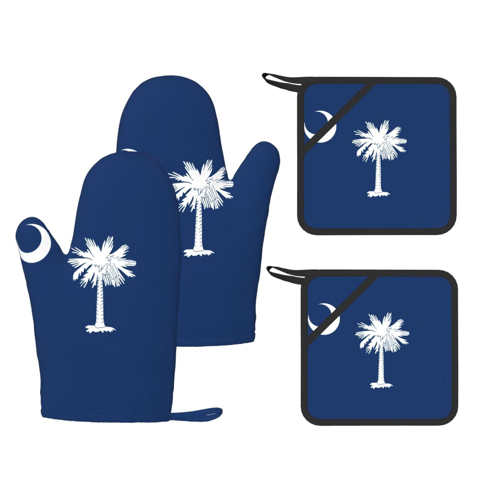 South Carolina Flag Printed Kitchen Oven Gloves and Potholder 4 Pcs, Non-Slip Heat Resistant Mitts for Baking Chef