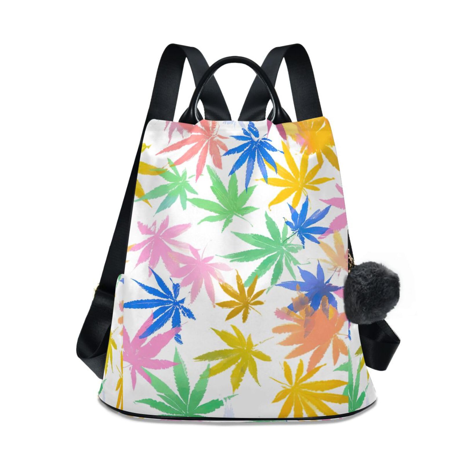 Mochila antirrobo de mujer con estampado de hojas pastel y pompón suave 8
