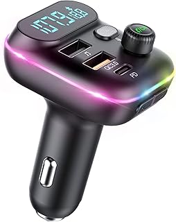 VR robot Upgraded Bluetooth FM Transmitter for Car, Wireless Bluetooth 5.0 FM Car Adapter with Dual USB Ports,Support 20W PD+QC3.0 Fast Charger, Stronger Microphone,7 Colors LED Backlit