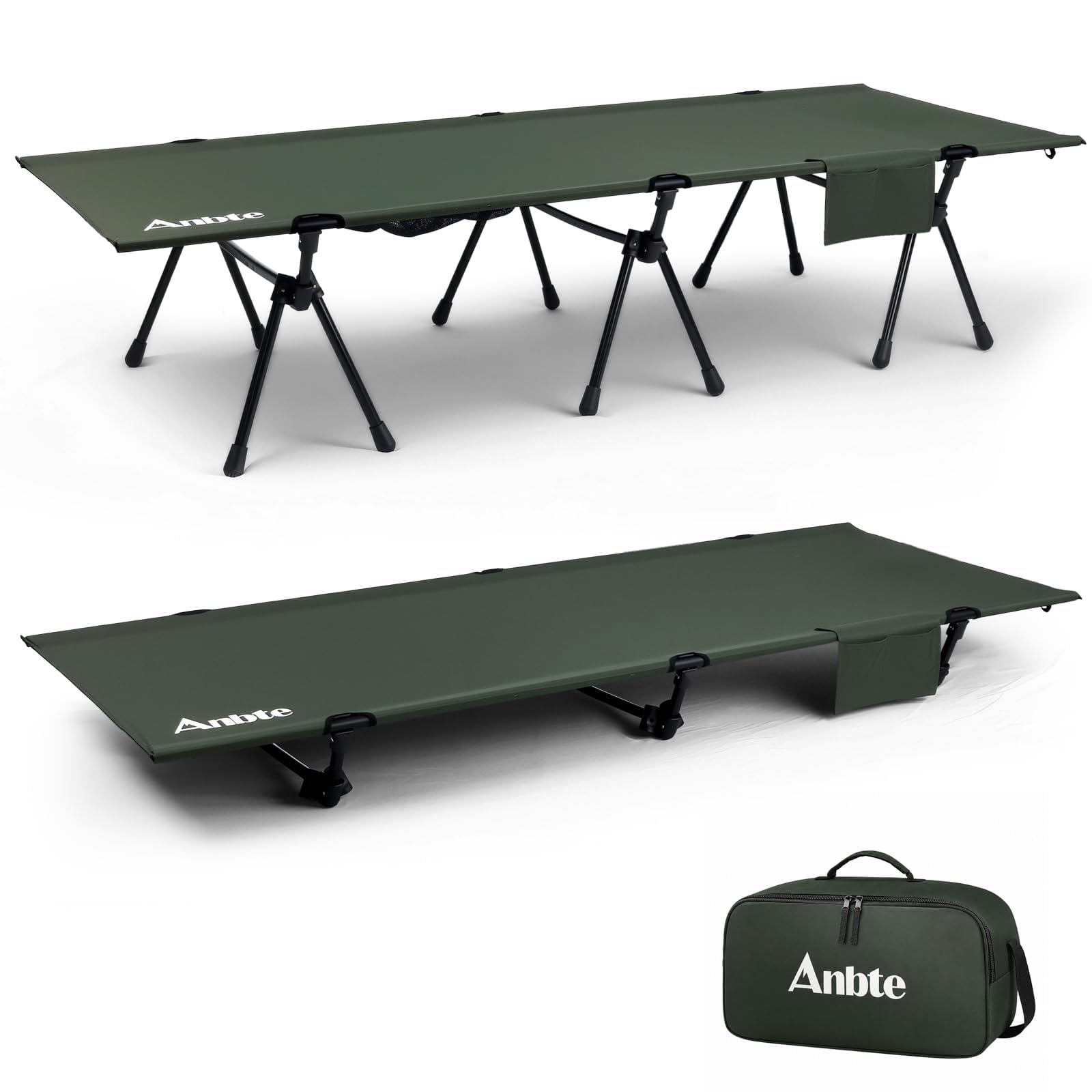 Anbte Campingbett Höhenverstellbar 190x70x[16/42] cm Feldbett bis 180kg Tragfähigkeit mit Tragetasche Bequemes Kinderbett Ultraleicht Klappbett für Reisen Strand Garten Büro (Grün)