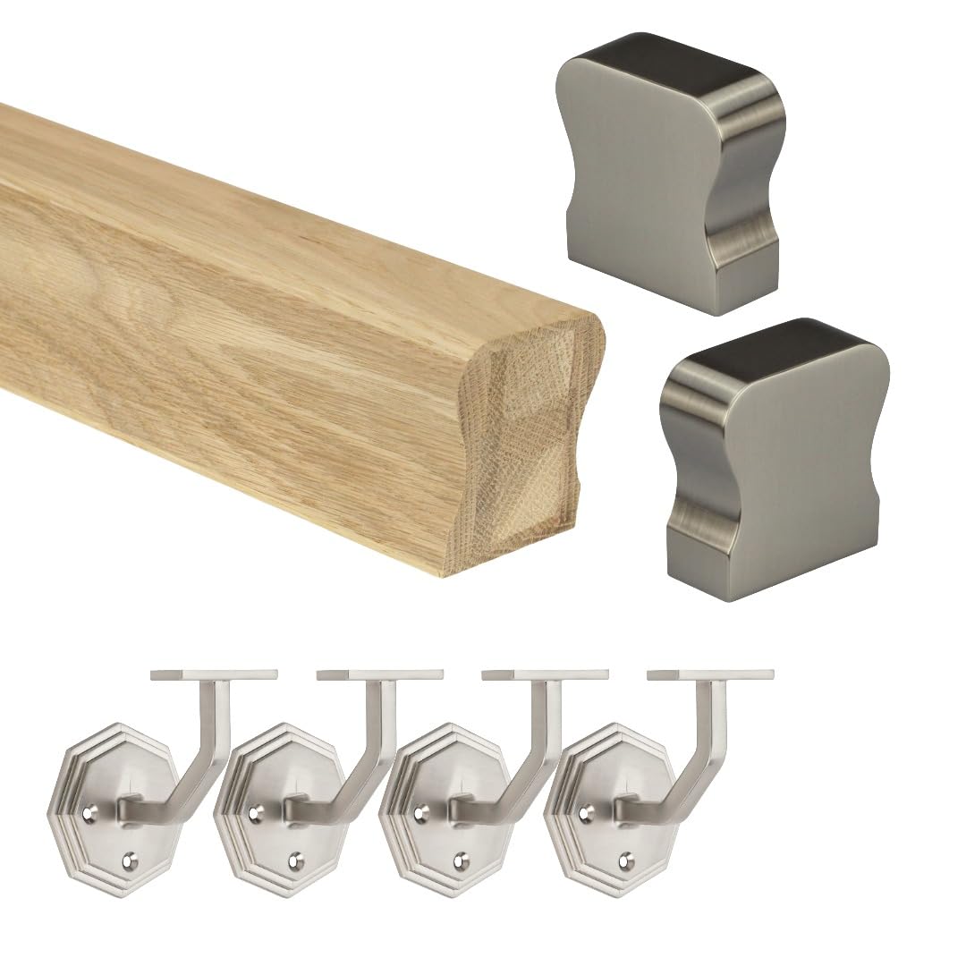Jackson Woodturners Oak Handrail Kit 58x58mm Engineered Oak with Brushed Nickel Octagonal Brackets & HR End Caps – 1800mm 2400mm 3600mm 4200mm (2400mm + 3 Wall Brackets)