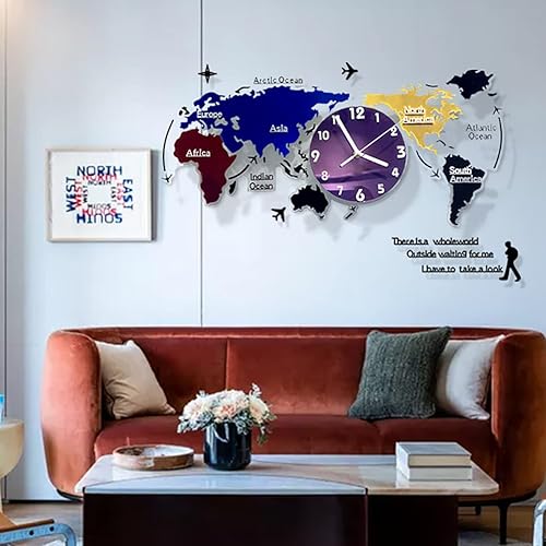 Miniatura 2 de Wakauto Norse Decor - Reloj de pared de metal grande para colgar en la pared, mapa del mundo, decoración de arte moderno, reloj de pared silencioso
