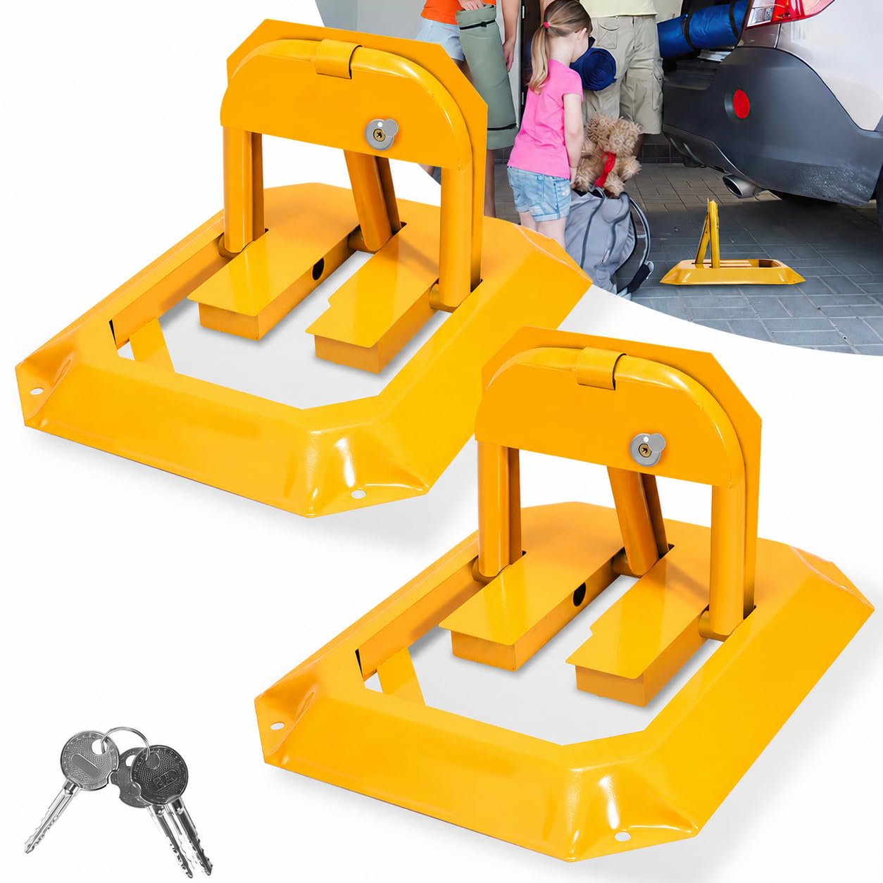 Ikodm 2X Klappbar Parkpfosten, Absperrpfosten mit 6 Schlüssel, Parkplatzsperre, Universal Parkplatzschloss, Parkschranke für Garage, Parkplatz, Einfahrt