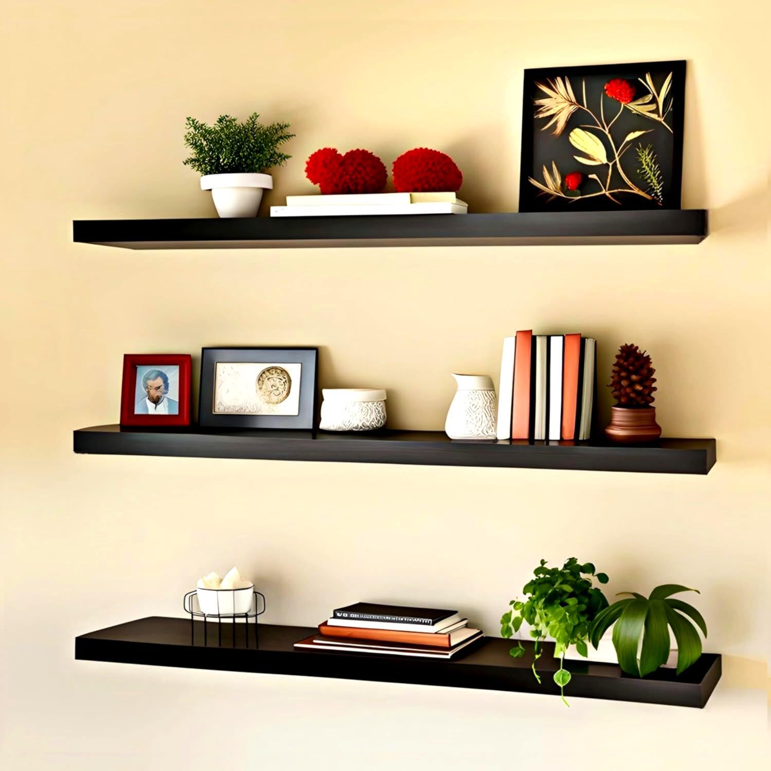 engineered wood floating wall shelves, set of 3, glossy finish, water resistant, scratch resistant, 20 kg capacity, for living room bedroom office (black, 3)