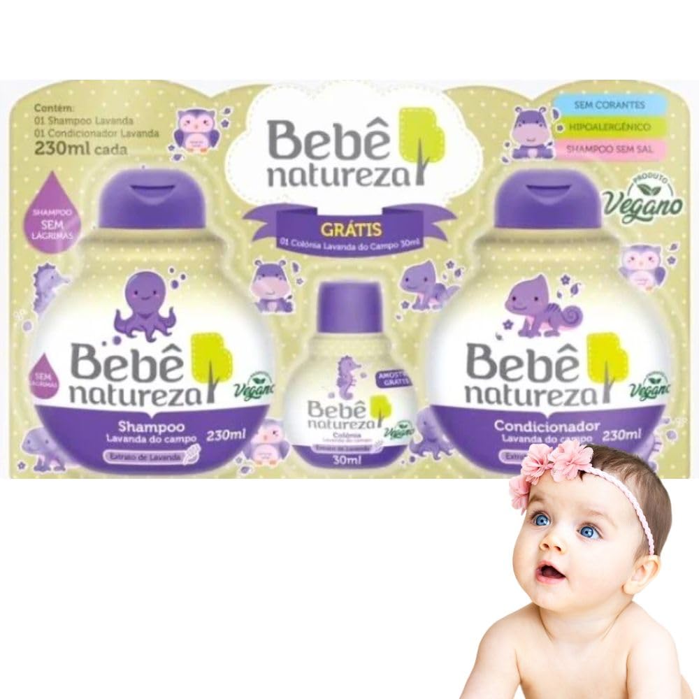 Bebê Natureza Kit Shampoo Condicionador Lavanda 230ml Colônia 30ml Vegano Hipoalergênico