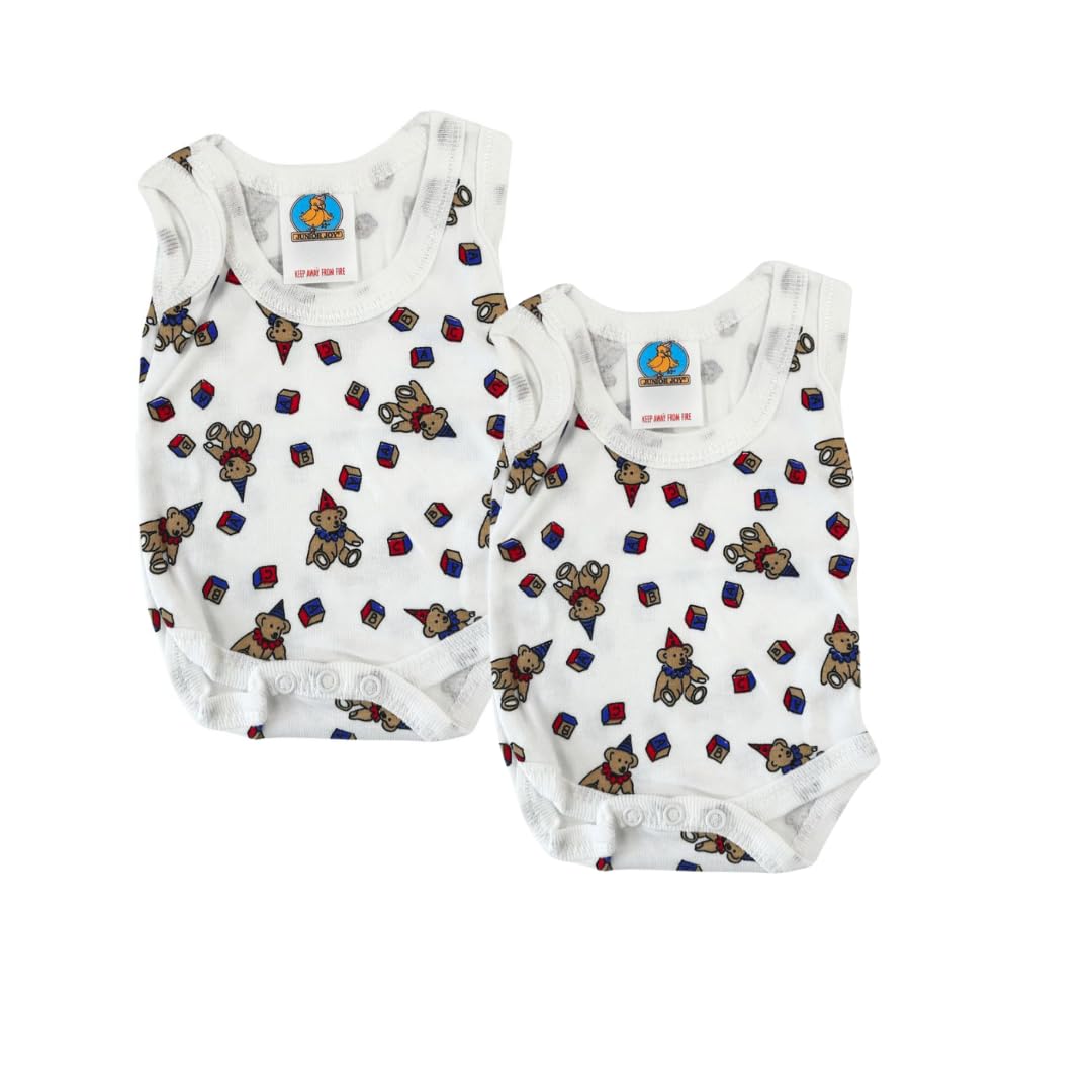 Junior Joy – 2 Pack Baby White Printed Bodysuits for Premature Babies, Round Neck, Sleeveless, 100% Cotton, Popper Fastening for Easy Nappy Changes