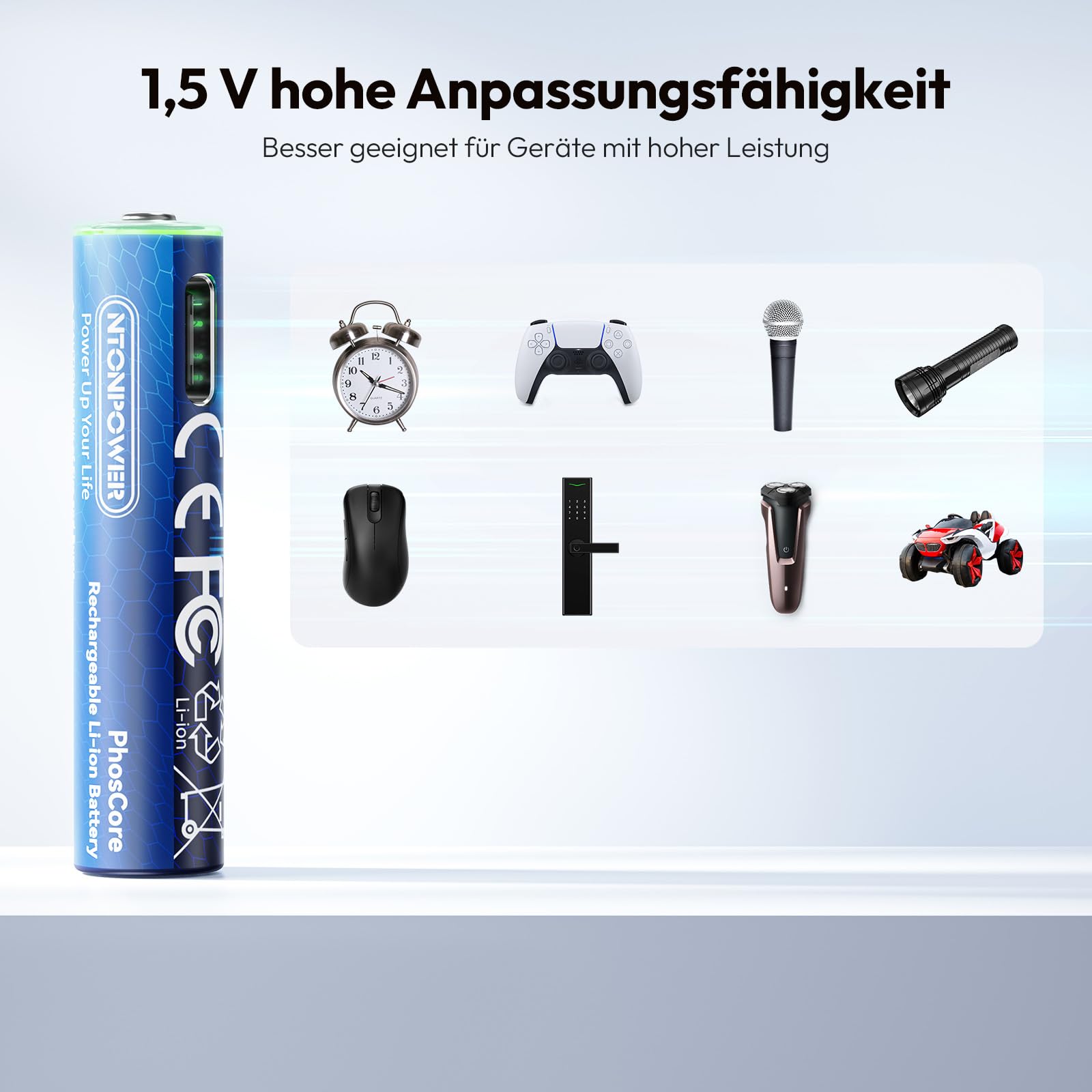 NTONPOWER Pilas AAA de litio 1,5 V 500 mWH con USB-C Lith baterías recargables con cable, 8 unidades, para linterna, juguetes, mando a distancia