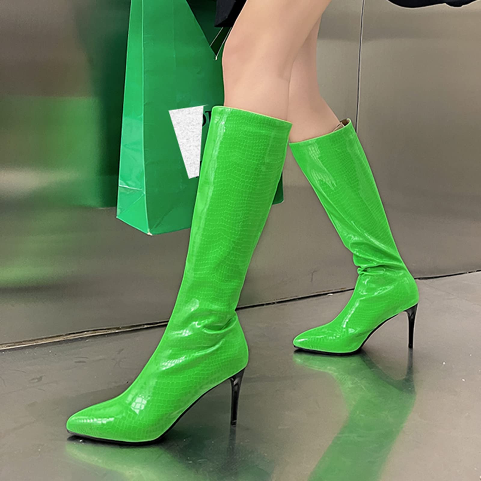 CUTEHEELS Damskie jednokolorowe buty na uda wysokie/nad kolanem ze szpilką i szpiczastym noskiem, zielony2, 34 EU