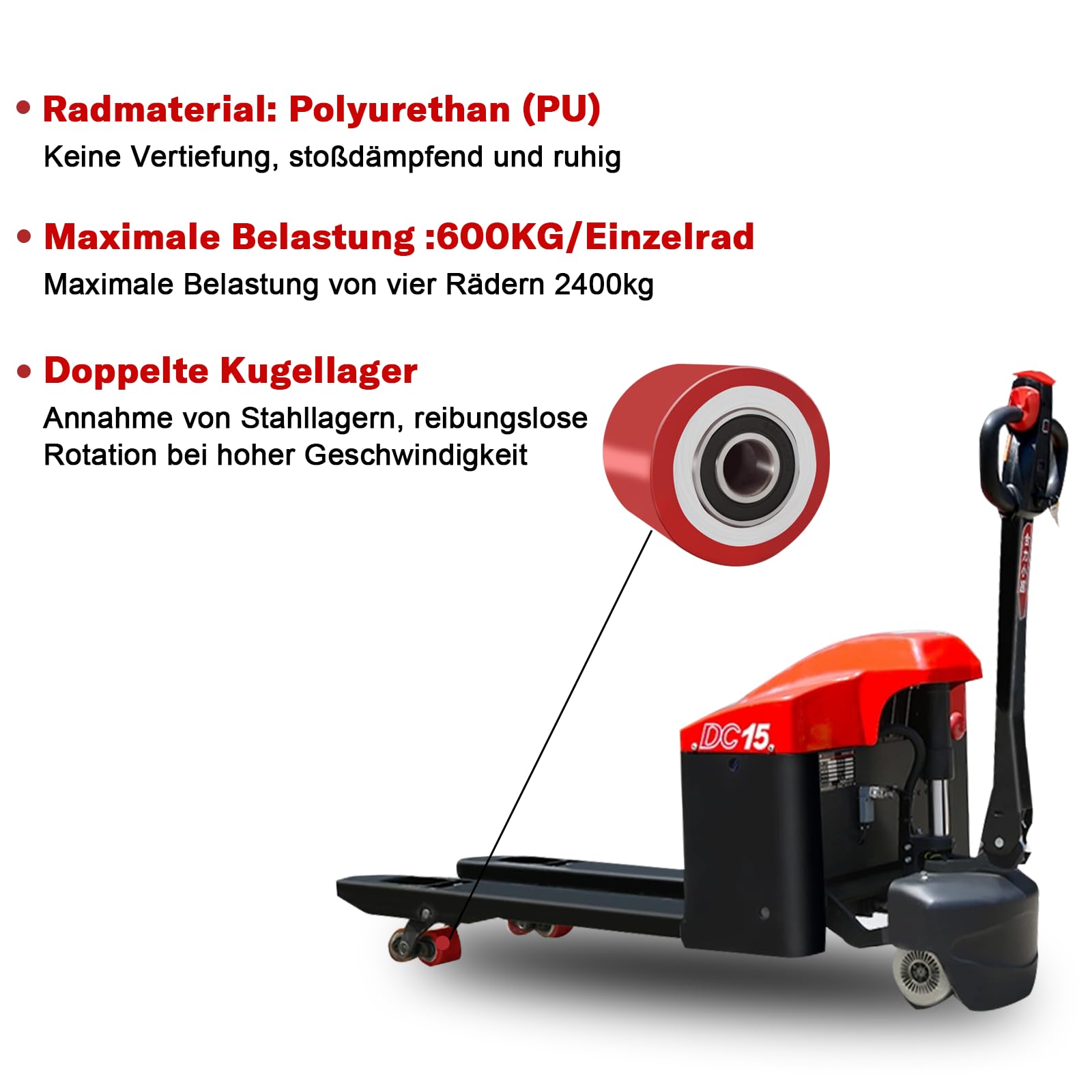 4 Stück Hubwagen rollen Polyurethan 80 x 70 mm,Achse 20 mm,Max 600 KG,Rot | Rollen mit kugellager,Hubwagen ersatzteile,Abriebfester,für Hubwagen Ersatzrollen,schont den Boden,geräuscharm