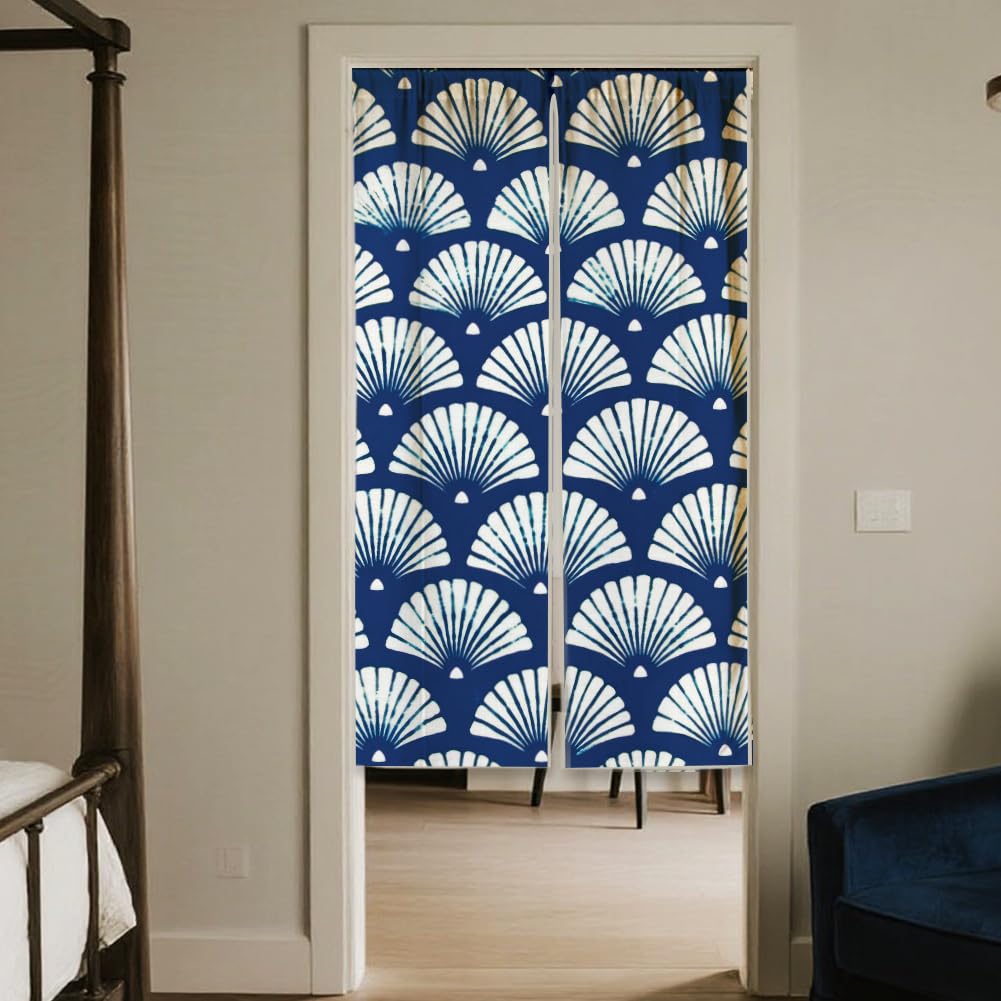 CHGCRAFT Rideau Porte Éventail Blanc pour D'Entrée Style Japonais Rideaux Séparation Pièce à Motif Indigo Rideau de Portes Pliantes pour Placard Chambre à Coucher Salon Porte D'Entrée 59x33 Pouce