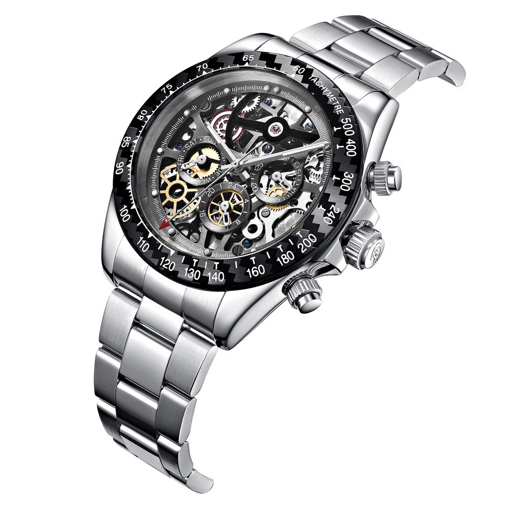 Orologio da uomo automatico scheletrato meccanico in fibra di carbonio con cinturino in acciaio inossidabile 88879