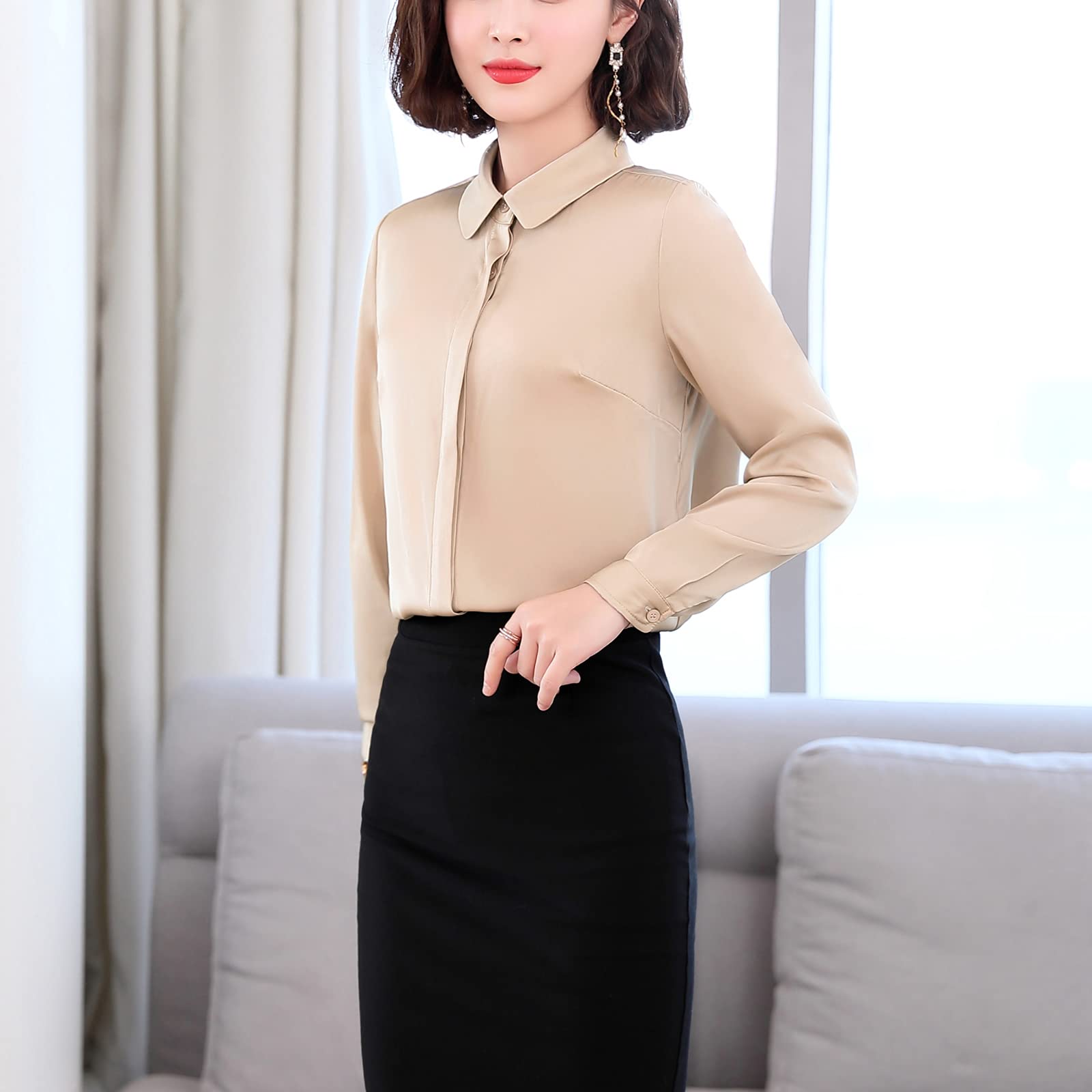 E-girl Blusa de seda para mujer Camisa Sólido Botón Abajo Camisas Blusa de Mujer Manga Larga Solapa Blusa de Seda,S1908