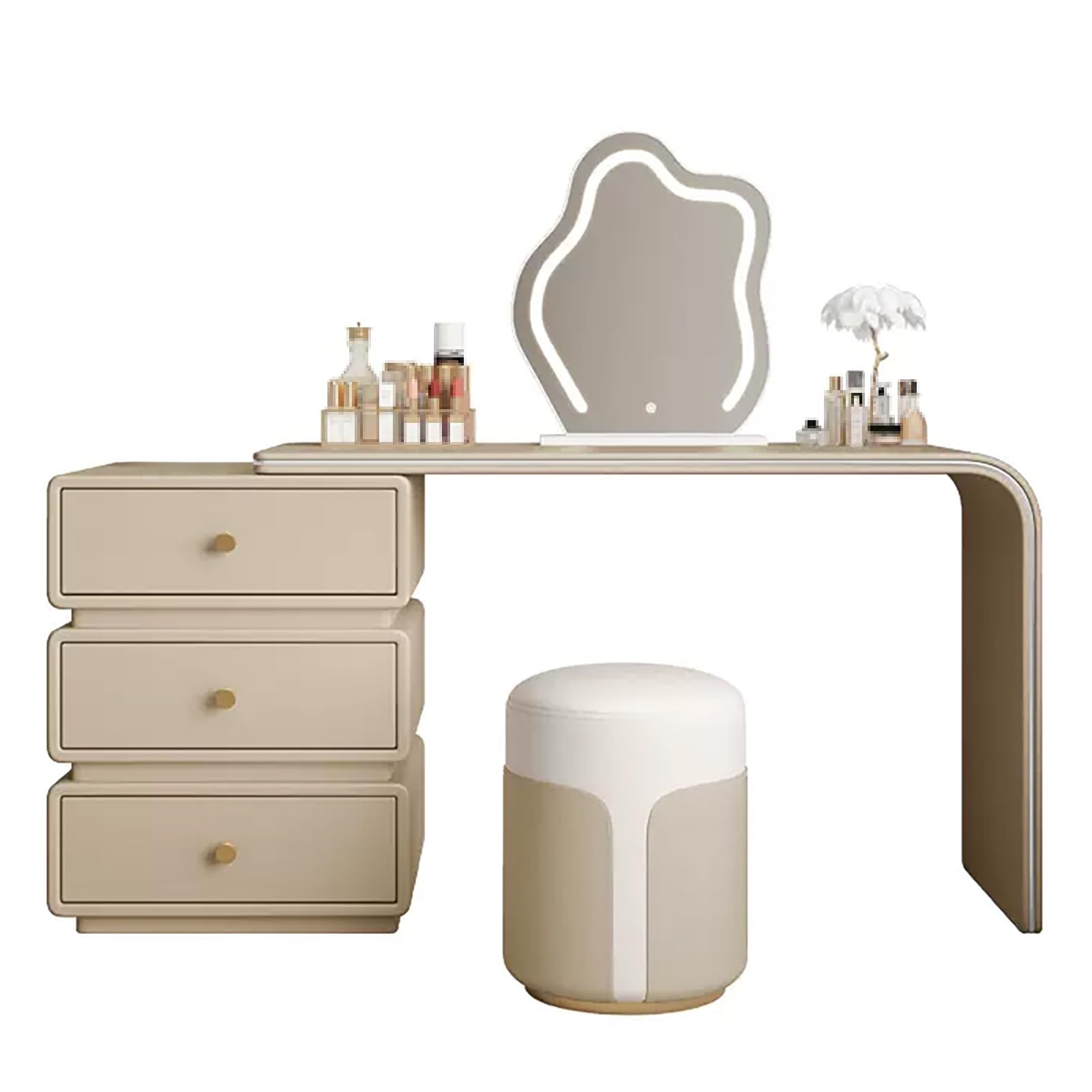 CGCSYZ Makeup Vanity Desk, Modern Vanity Table Set, Microfiber Leather Dressing Table, Vanity Makeup Table, with Side Cabinet and Stool, Adjustable Vanity Dresser Desk(Khaki-100cm/39.3in)