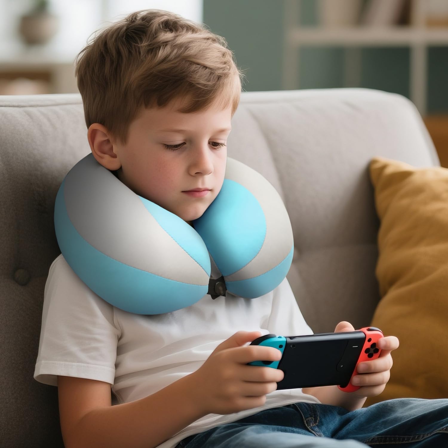 MOOB Poduszka podróżna dla dzieci na fotel samochodowy dla dzieci w kształcie litery U podróżna poduszka pod szyję wsparcie dzieci wózek poduszka niebieska