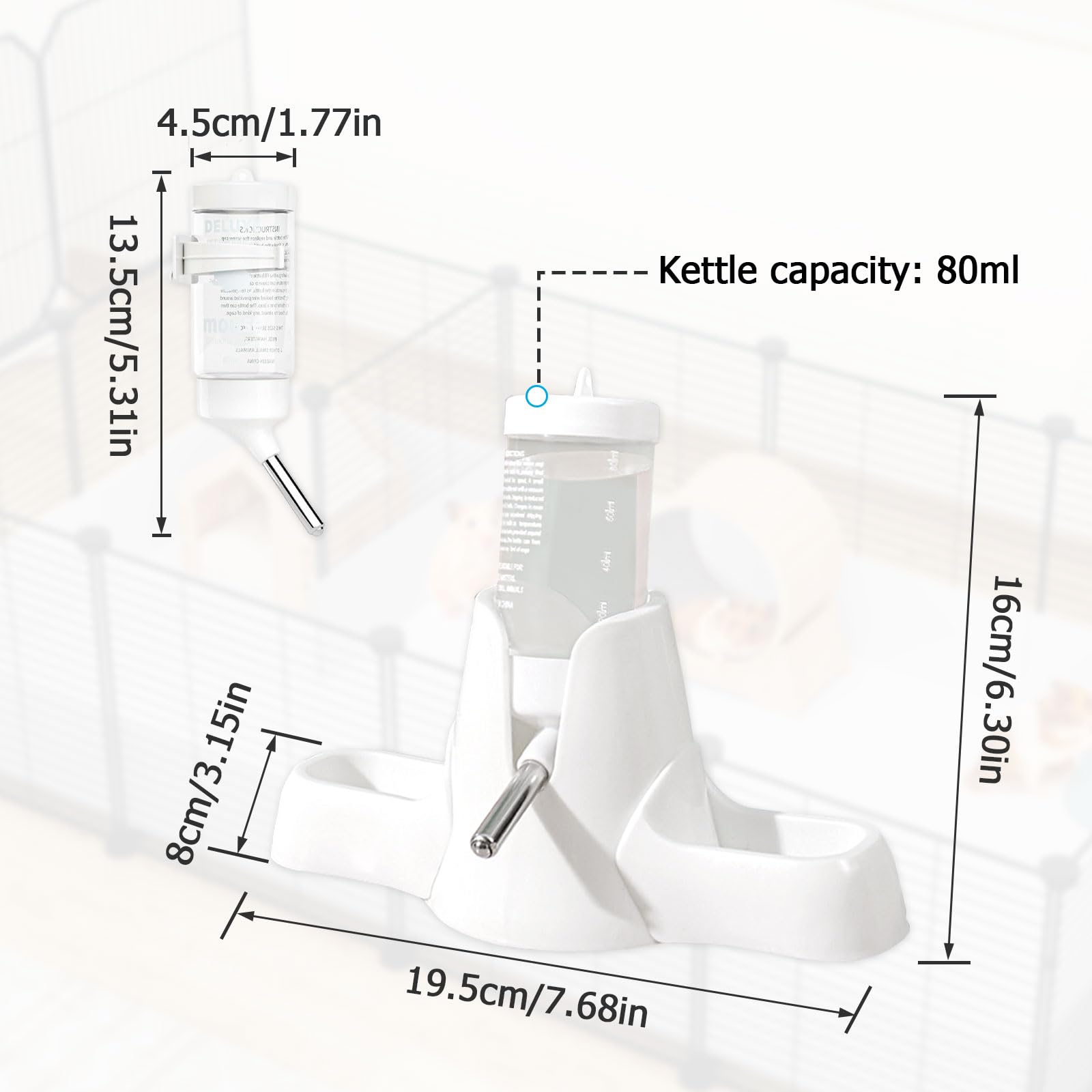Bouteille D’Eau pour Hamster 80 ML Blanche, Distributeur Automatique 3 en 1 avec Double Bol et Support, sans Fuite pour Hamster, Lapin, Cochon D’Inde, Chinchilla et Autres Petits Animaux