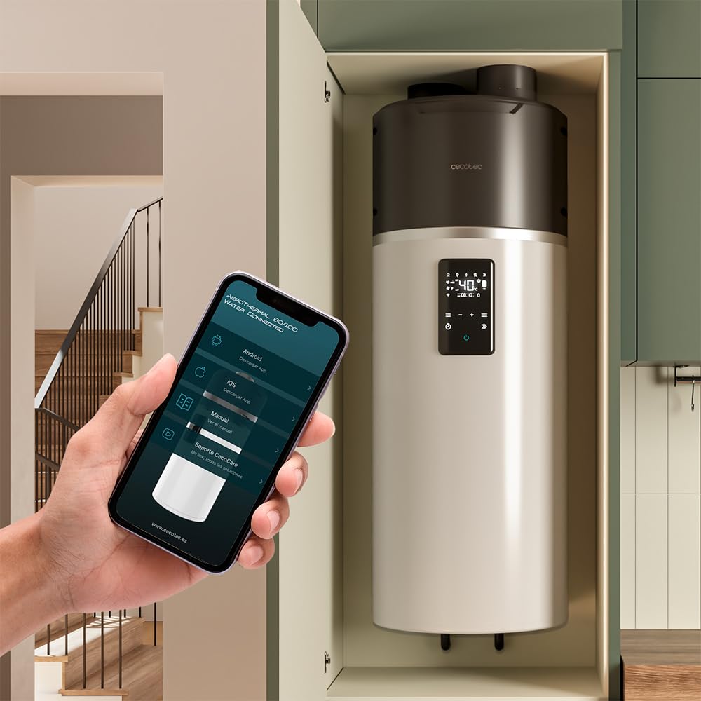 Cecotec Termo con Aerotermia de 100L, Calentador de Agua AeroThermal 100 Water Connected. Energía Sostenible, Bajo Consumo, Pantalla Táctil, Control por APP, R290, Temperatura hasta 75ºC
