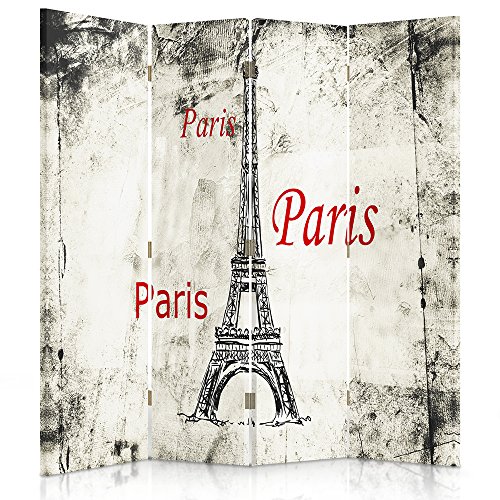 Feeby Frames Biombo Impreso Sobre Lona, tabique Decorativo para Habitaciones, a una Cara, de 4 Piezas (145x180 cm), Paris, Antiguo, Torre, Eiffel, TIPOGRAFÍA, Rojo, Blanco Y Negro