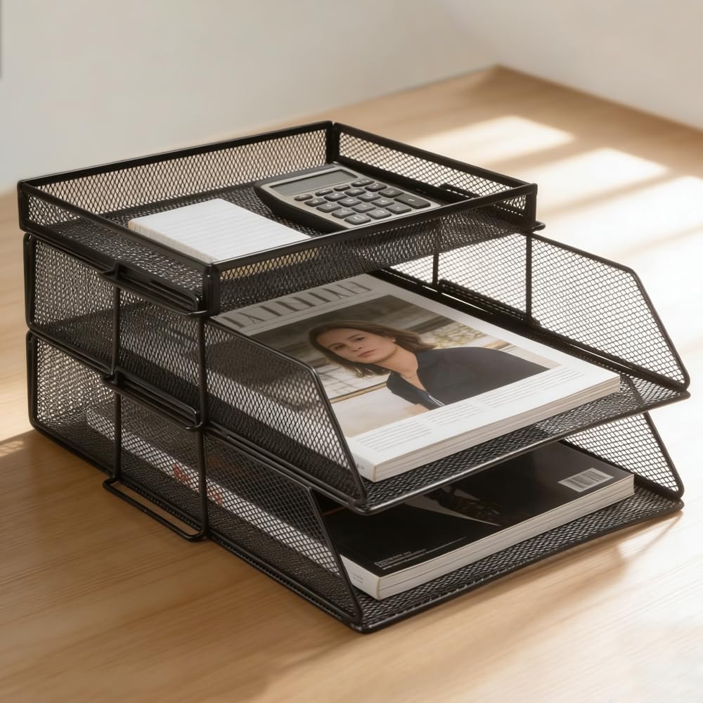 Ybccby Black 2 Tier Paper Organiser Mesh Letter Tray, Metal Paper Tray Stackable File Organiser Mesh Desk Organiser Letter Trays A4 Paper Desktop Filing Trays Magazine Document Holder For Office Home
