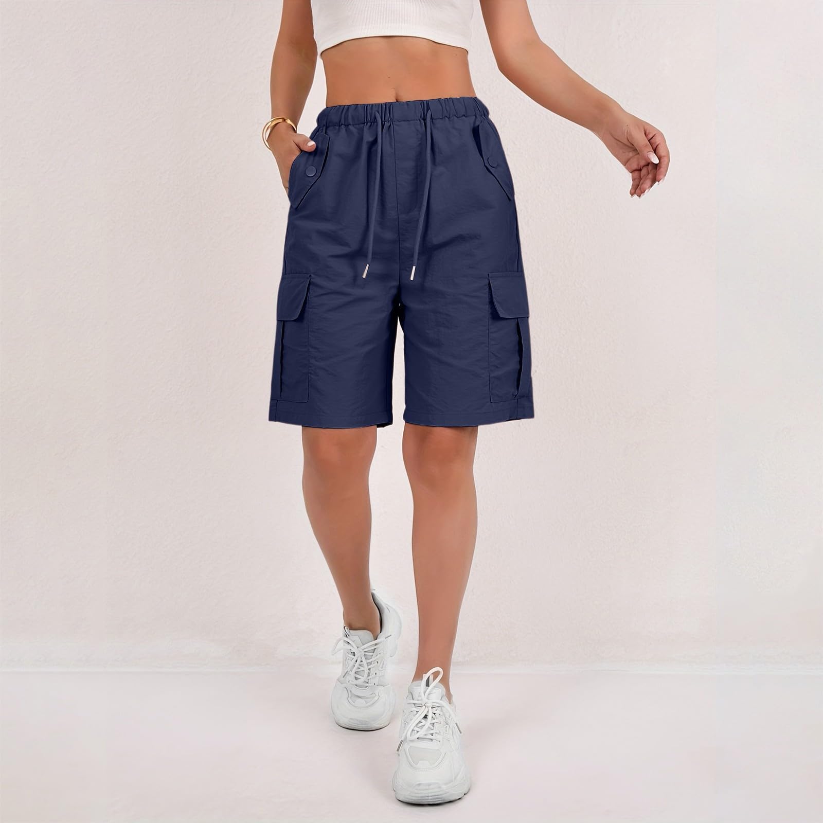 Cargo Shorts Women Waterproof Lightweight Plus Size Bermuda Shorts with Pockets Knee Length Ripstop Hiking Short Casual Summer Cargo Short Women Baggy Comfy Elastic Waist Pants Tactical Pants