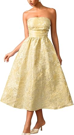 Strapless Corset Dress,Jacquard Formal Midi Dresses for Women,Wedding Guest Cocktail Party Outfits