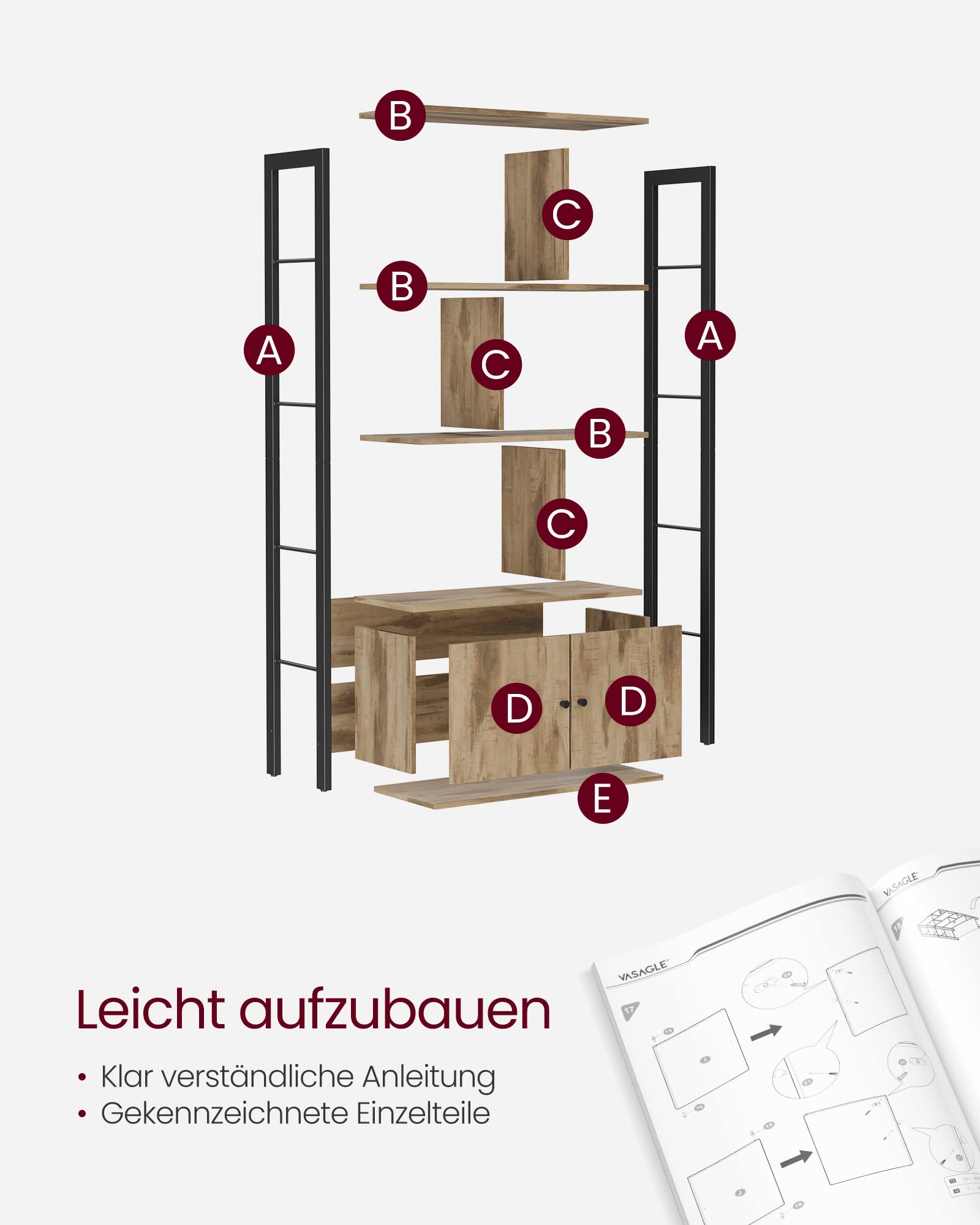 VASAGLE Bücherregal mit 4 offenen Regalebenen Stahlgestell Industrie-Design Kamelbraun-tintenschwarz LBC022B50