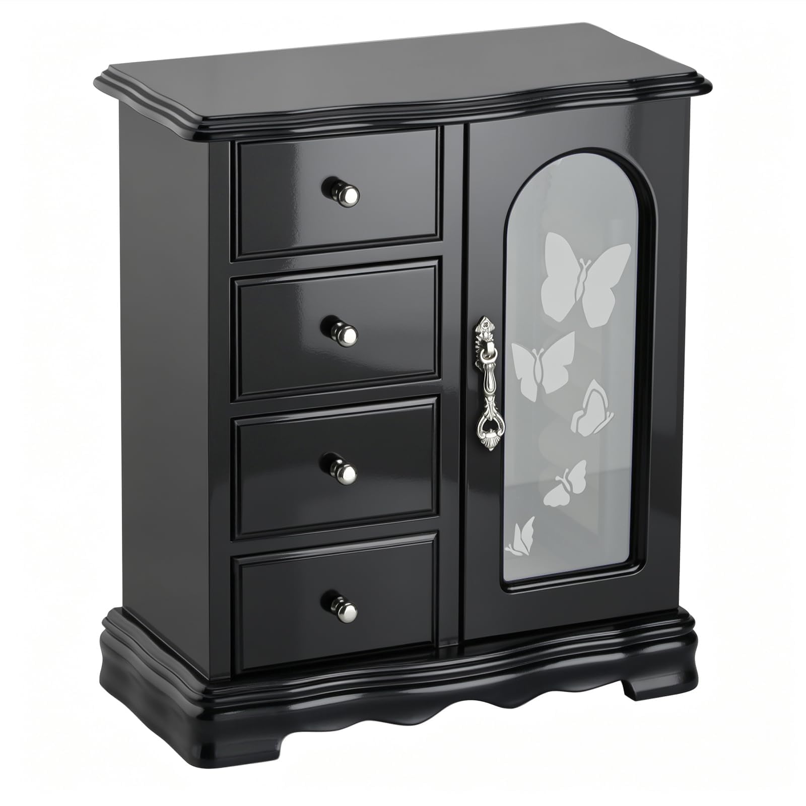 Joyero hecho de madera maciza con organizador de 4 cajones y carrusel de collares integrado y espejo grande negro