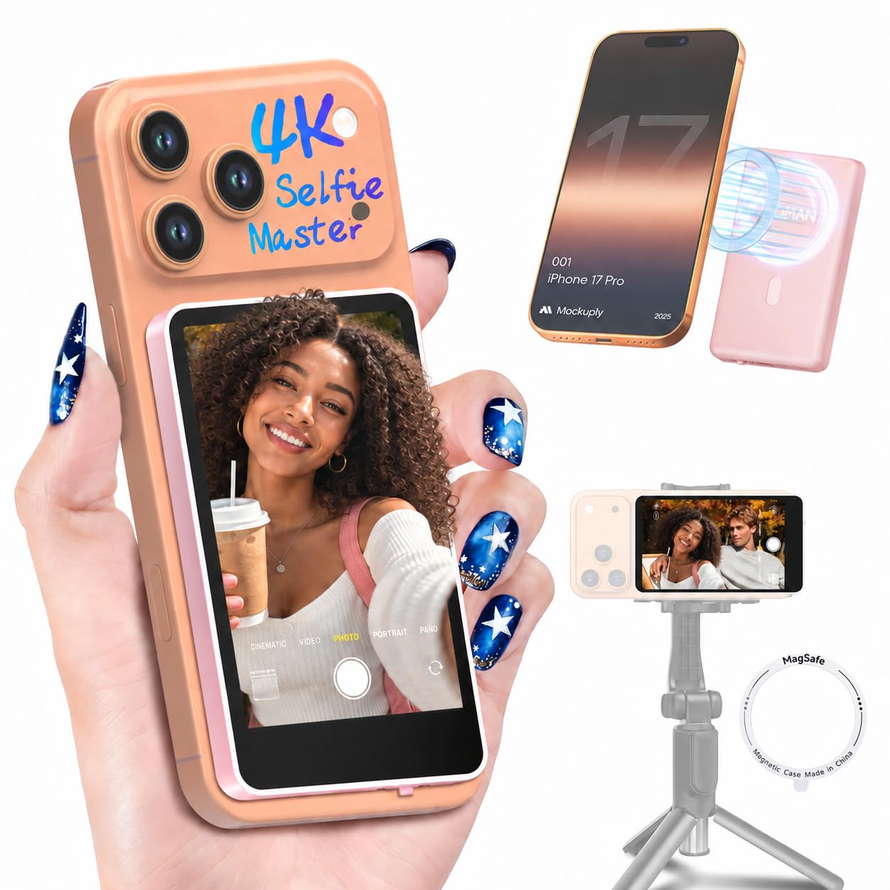 Moman Vlog Selfie Monitor Screen for iPhone 7-18 Series, 4K 60fps &amp; Encrypted Private Wireless, Magnetic Back Camera Monitor, P2P Wireless, 164 ft Range for TikTok, YouTube, Photo &amp; Video Kits, Pink