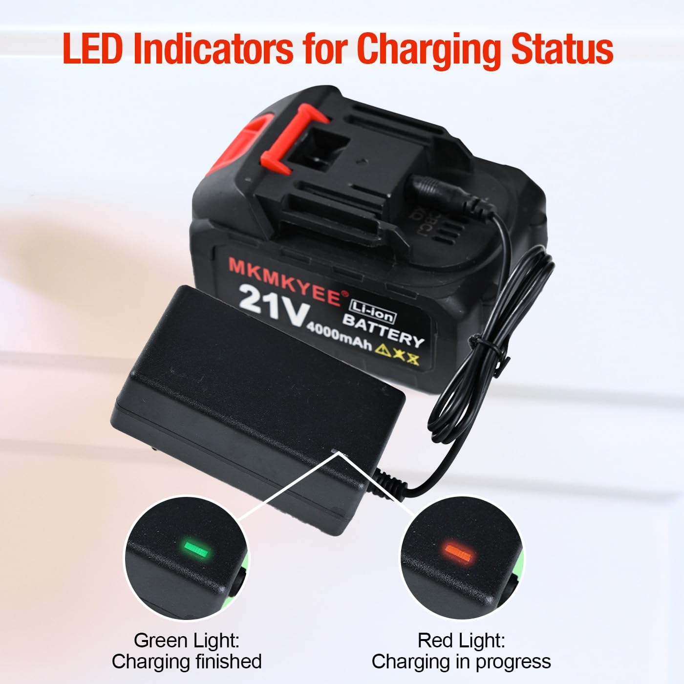 21V Lithium Battery and Charger Cord, 4.0 Ah Battery with Charger Adapter Led Indicator Compatible for Cordless Tiller Cultivator - Image 7