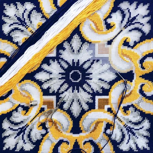 Image of Brvsk Ornamental Stamped Cross-Stitch Kit for Adults and Beginners - Tiara 16″ x 16″ with Clear, Precise Printed Design on Cotton Canvas; Includes 2 Needles, Yarn, and Easy-Read Chart