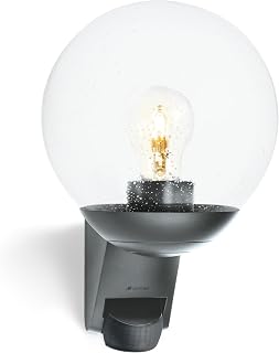 Steinel Außenwandleuchte L 595 S Anthrazit mit Bewegungsmelder – Wandleuchte mit Glaskugel für Außen, 180° PIR-Sensor bis 10 m, Dämmerungsschalter, IP44 wetterfest, E27-Fassung, für Haus und Terrasse