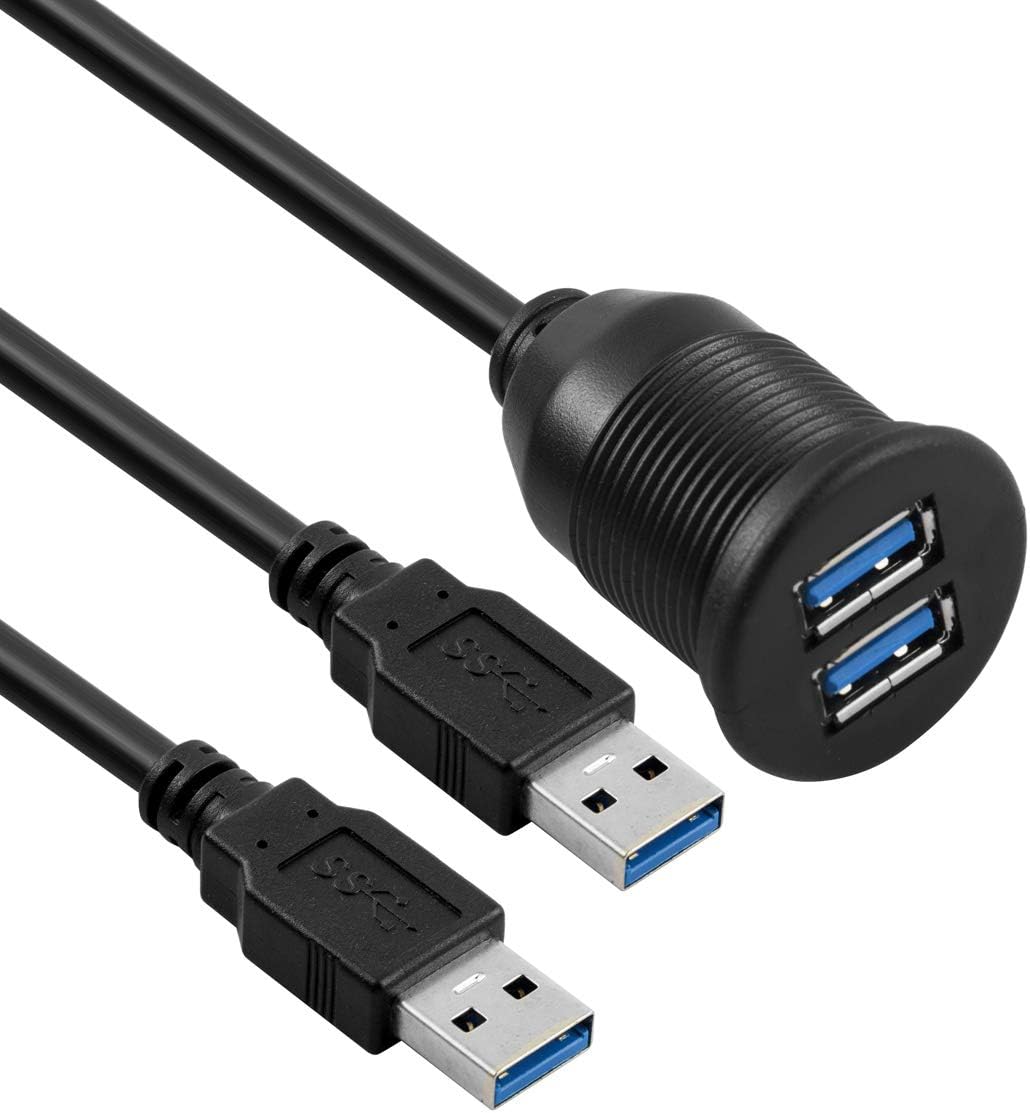 USB Panel Flush Mount Cable- Dual USB 3.0 Extension USB Mount, Dash Mount, Flush Mount, Panel Mount Cable, For Car, Boat, Motorcycle-1m