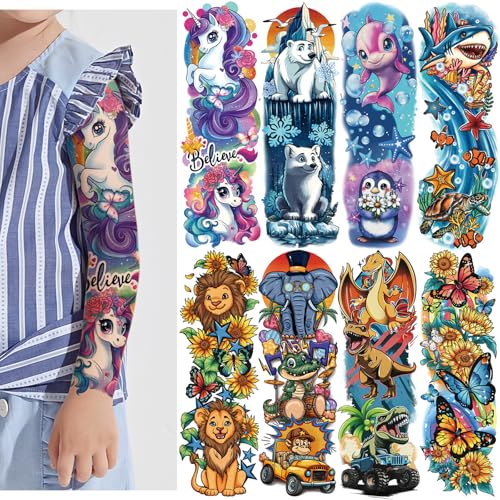 Kids Full Arm Sleeve Temporary Tattoos for Kids Boys Girls 52-Piece Fake Tattoos with Lion Dinosaur Shark Dolphins Butterfly Elephant Design for Party Festival Pool Beach Rave Accessories