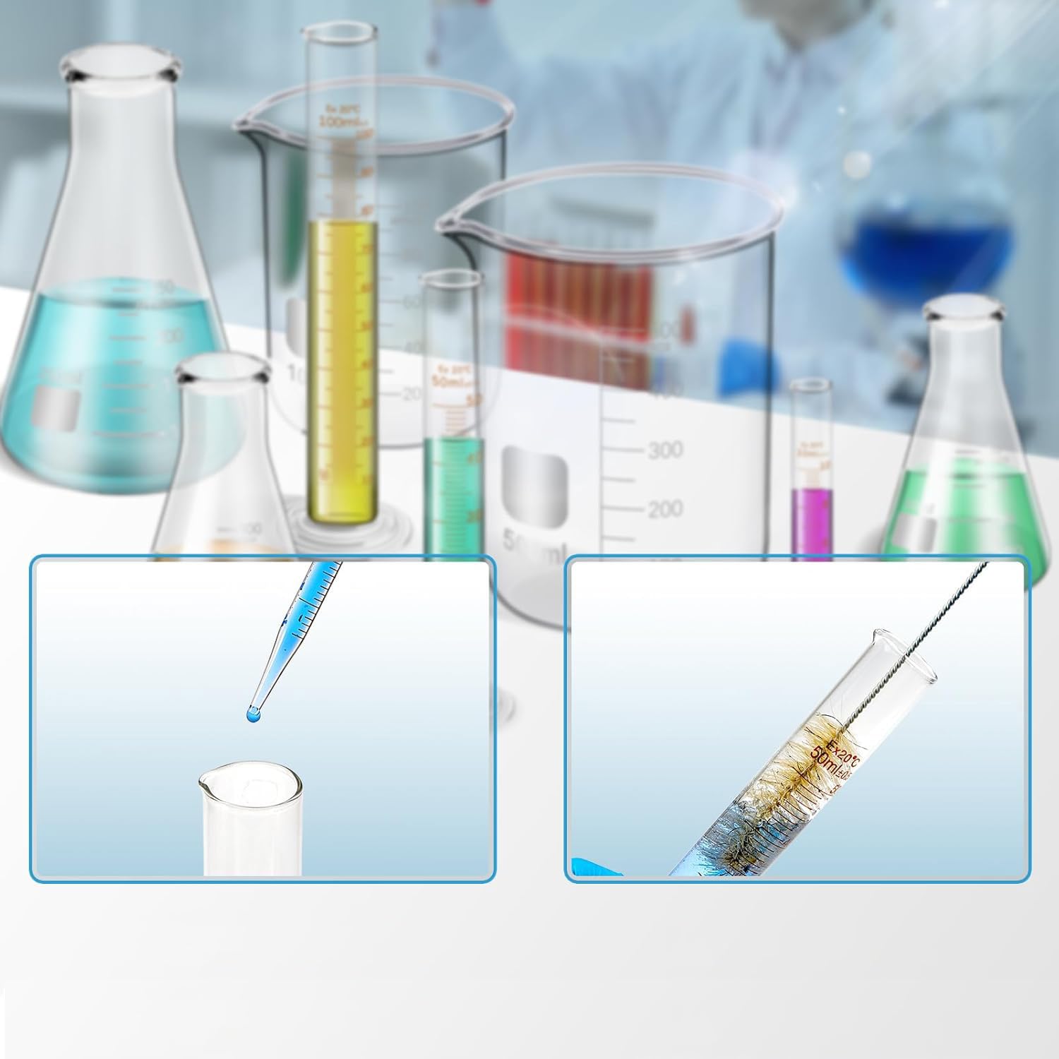 ZEEROQOLAB Zestaw Szkła Laboratoryjnego: 4 Zlewki, 3 Cylindry Miarowe, 3 Kolby Erlenmeyera z Pipetami i Mieszadłami