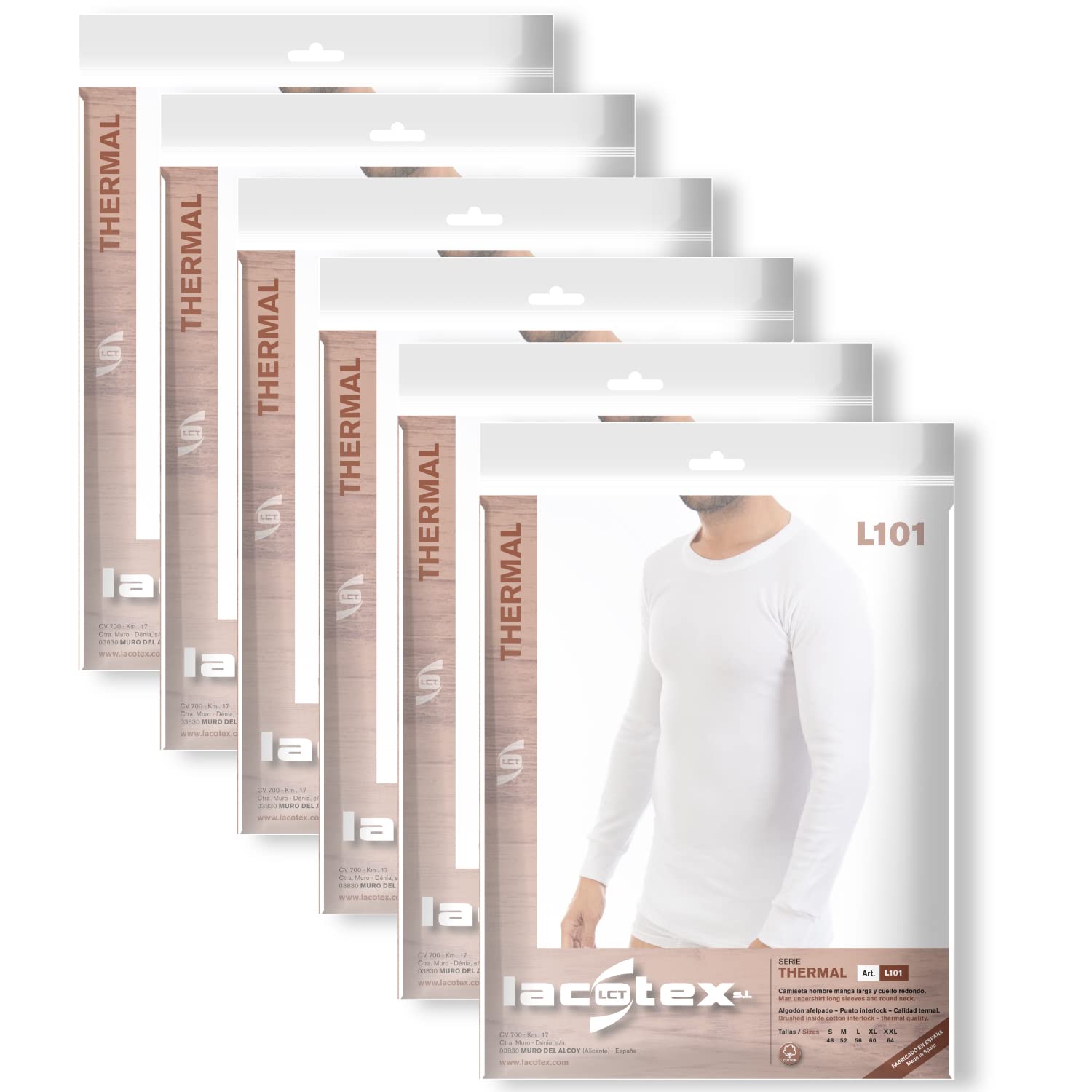 Lacotex Camiseta Interior Termal de Hombre | Camiseta Manga Larga y Cuello Redondo Térmica | Confort y Protección Térmica Interior | Pack Ahorro 6 Unidades | Talla M L101