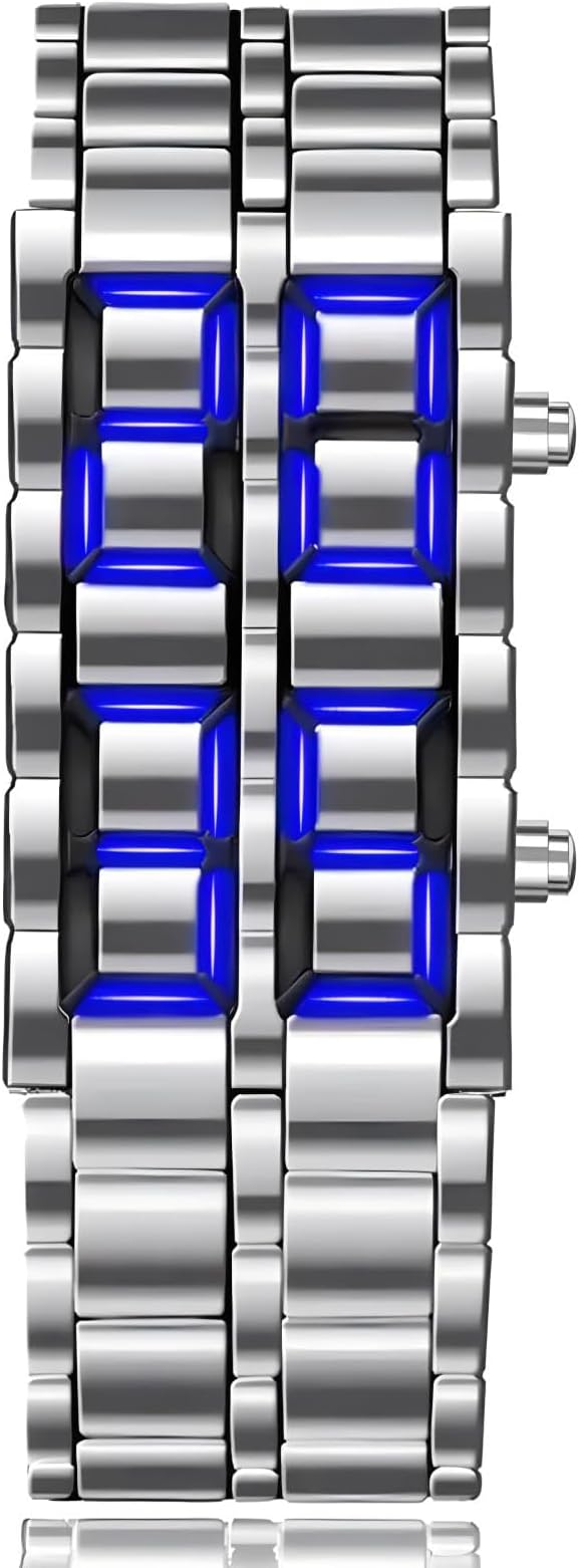 Men's Lava Style Stainless Steel Watch Red Blue LED Digital Watch Black Bracelet Watch