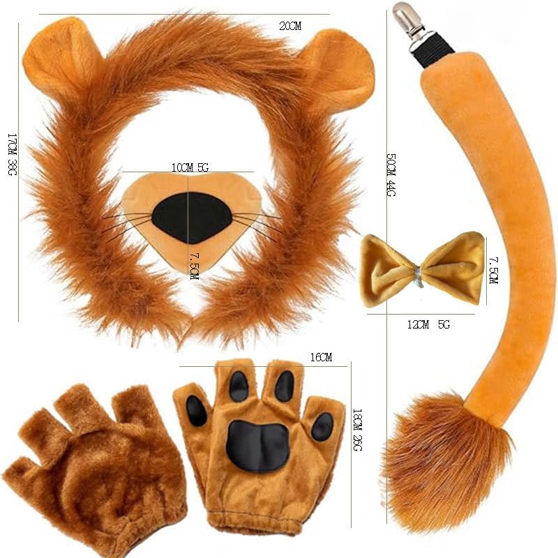 Lion Costume Adult Halloween Cowardly Costumes Ears Headband Tail Nose Bowtie Gloves Cosplay 6PCS (Lion) - Image 3