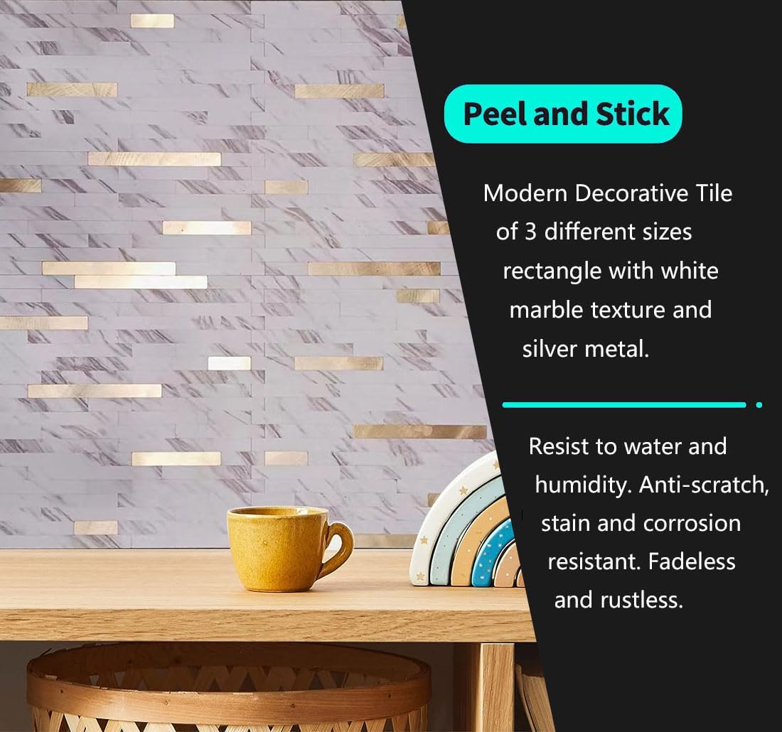 10-Sheet Peel and Stick Backsplash Tile, PVC Mixed Metal Stick on Kitchen, Bathroom Vanities, Fireplace Décor, Laundry Table (White Marble + Golden-2)