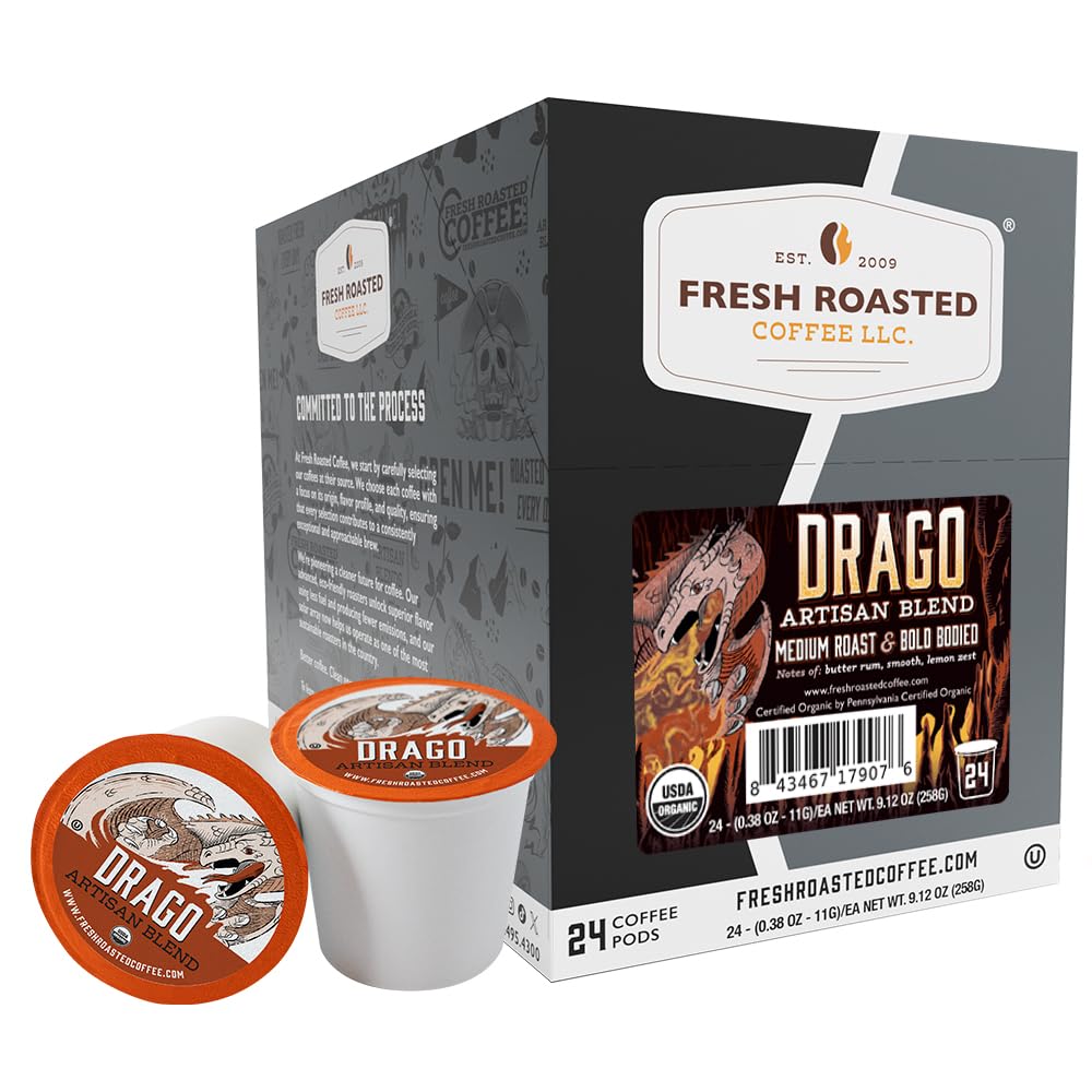 Fresh Roasted Coffee, Organic Drago Café Blend | USDA, Kosher | Medium Roast 24 Pods for K Cup Brewers