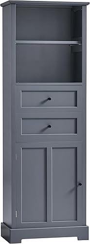 Miniatura 9 de Armario de baño alto con puerta, 2 cajones y 2 estantes abiertos, torre de almacenamiento delgada con estante ajustable, gabinete de baño estrecho,