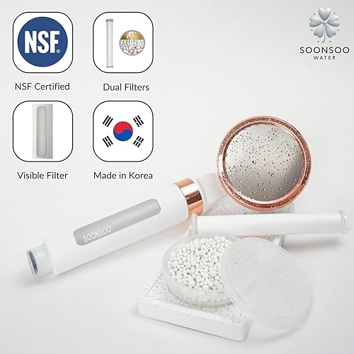 Miniatura 3 de Cabezal de ducha doble con filtro NSF de agua dura (6 etapas), fabricado en Corea, oro blanco y rosa