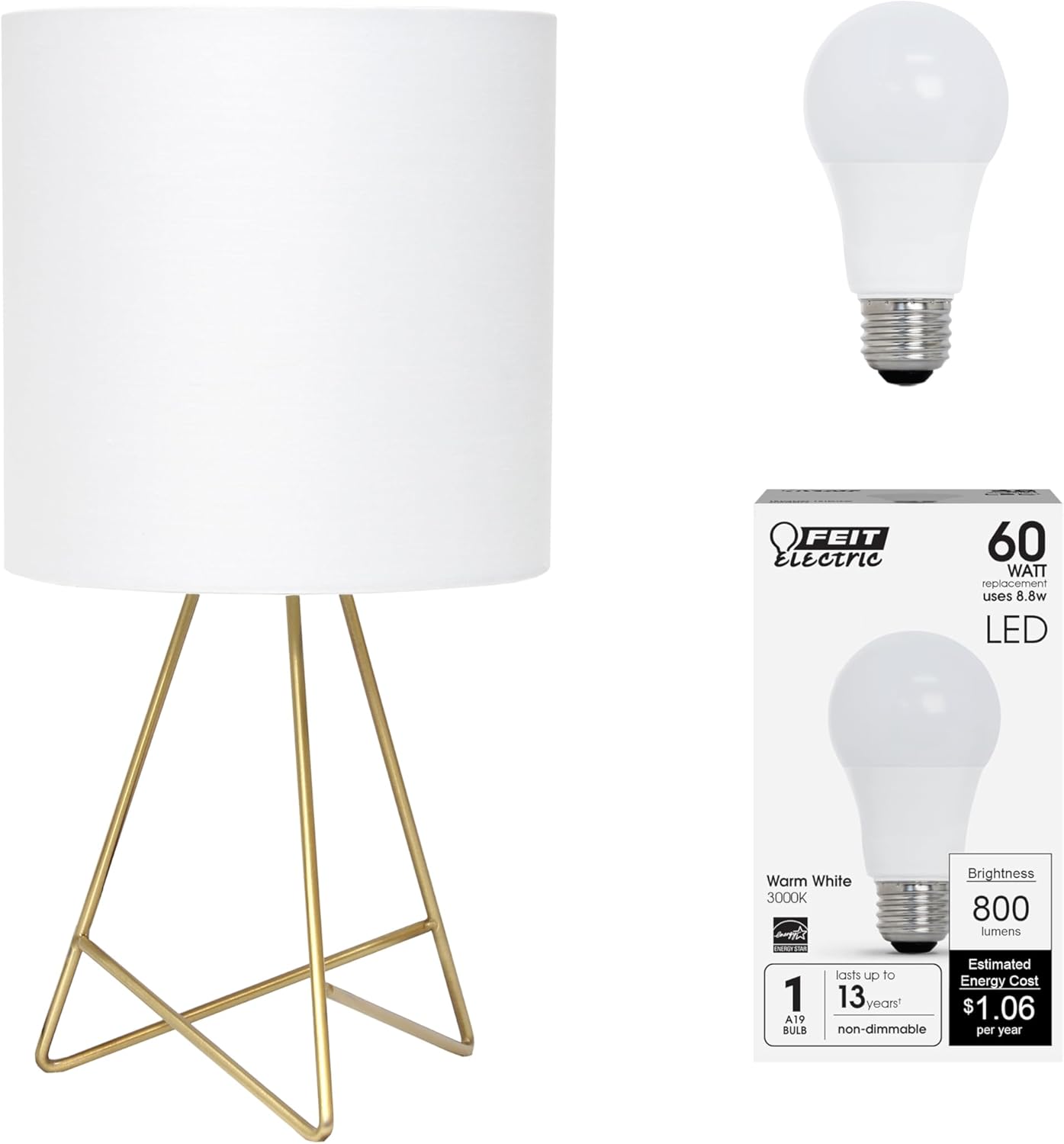 Simple Designs LT2066-GDW-LB 14" Down to The Wire Table Lamp for Bedroom, Living Room, Entryway, Office, Gold with White Shade, with Feit LED Bulb Included 1 Gold Bulb Included
