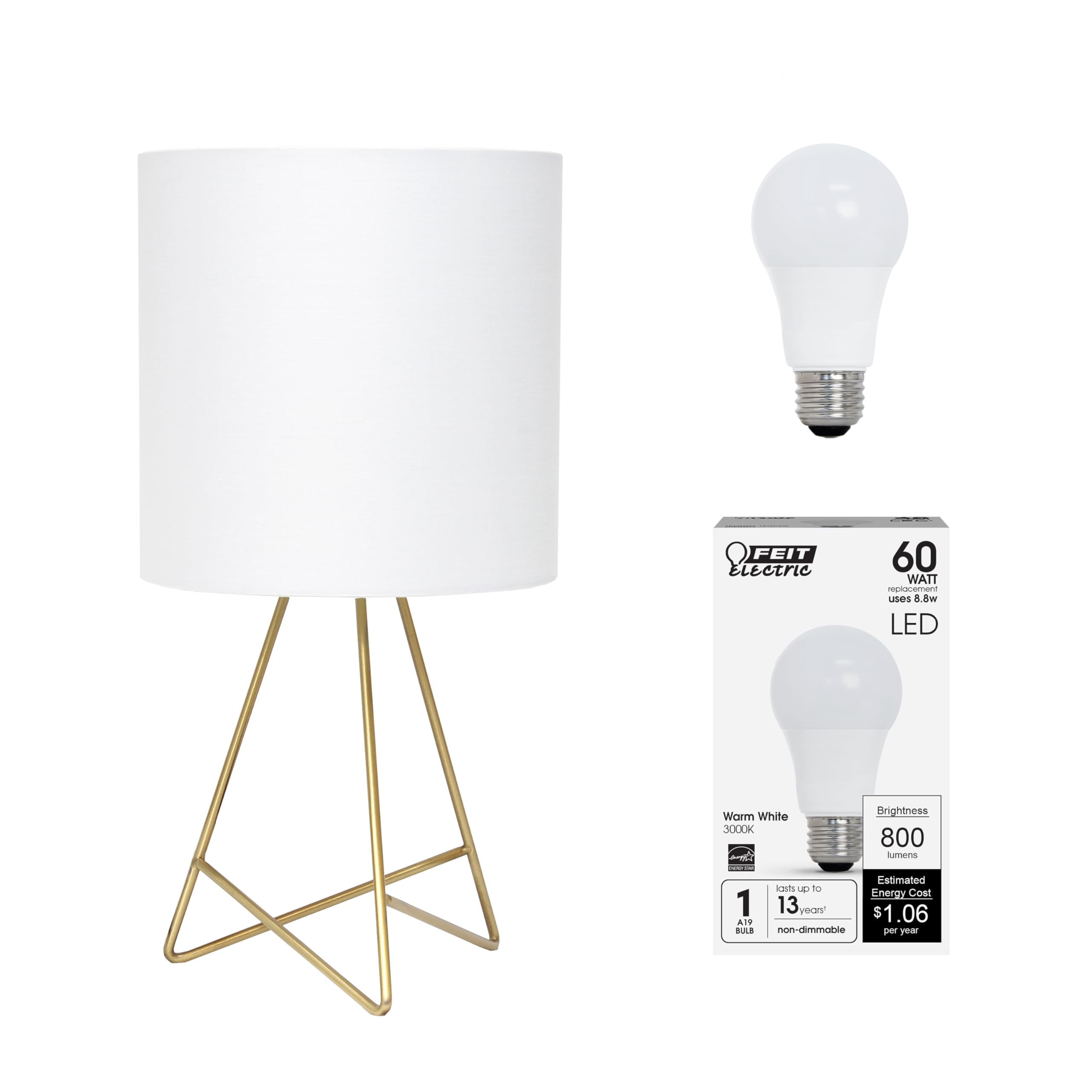 Simple Designs LT2066-GDW-LB 14" Down to The Wire Table Lamp for Bedroom, Living Room, Entryway, Office, Gold with White Shade, with Feit LED Bulb Included