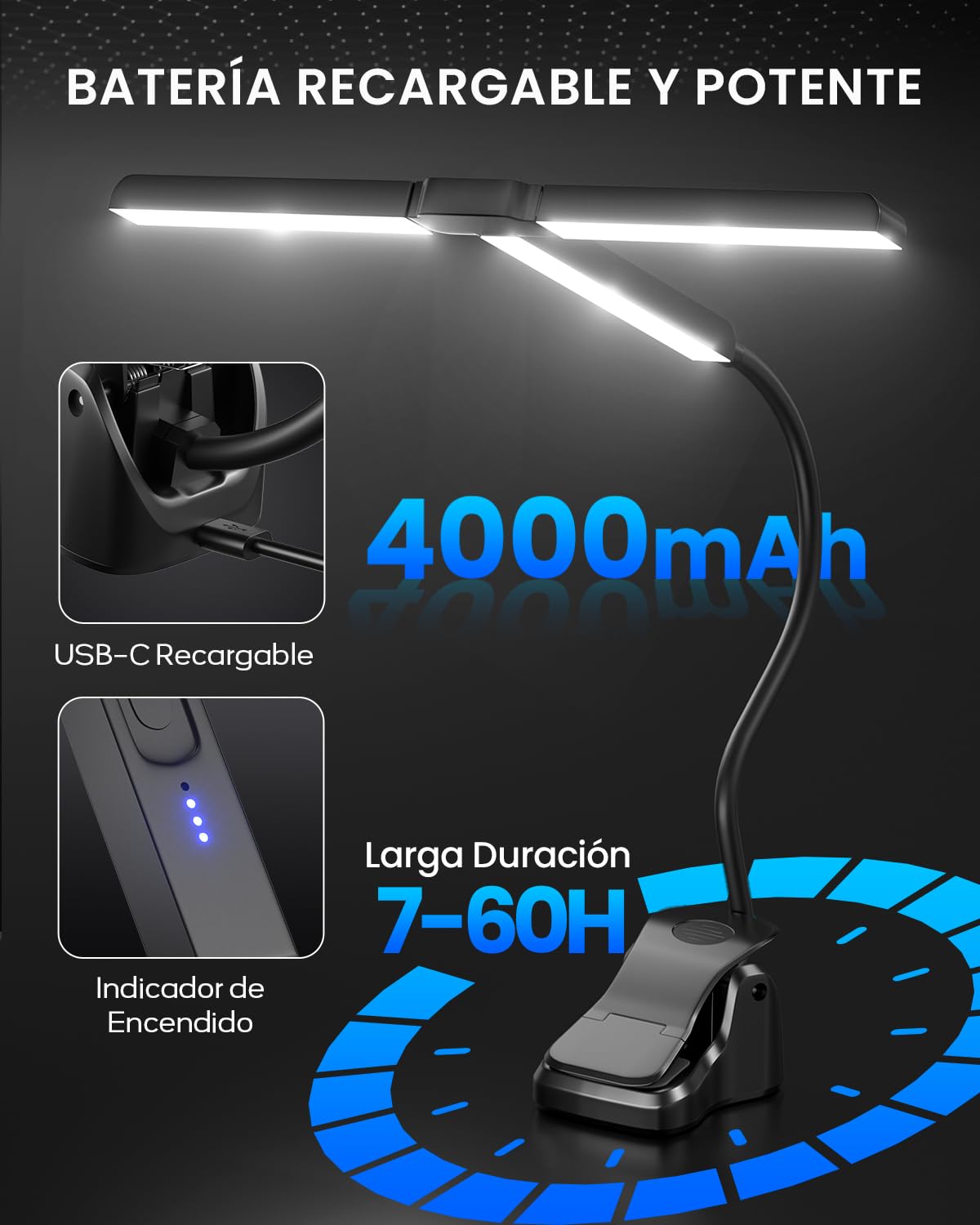 Ultra-Amplia 36CM Lampara Atril Partituras con Pinza, 57 LED Superbrillantes, 4 Colores x 3 Brillos, Plegable Forma-T Lámpara de Piano para Partituras y Lectura de Libros, Recargable USB-C