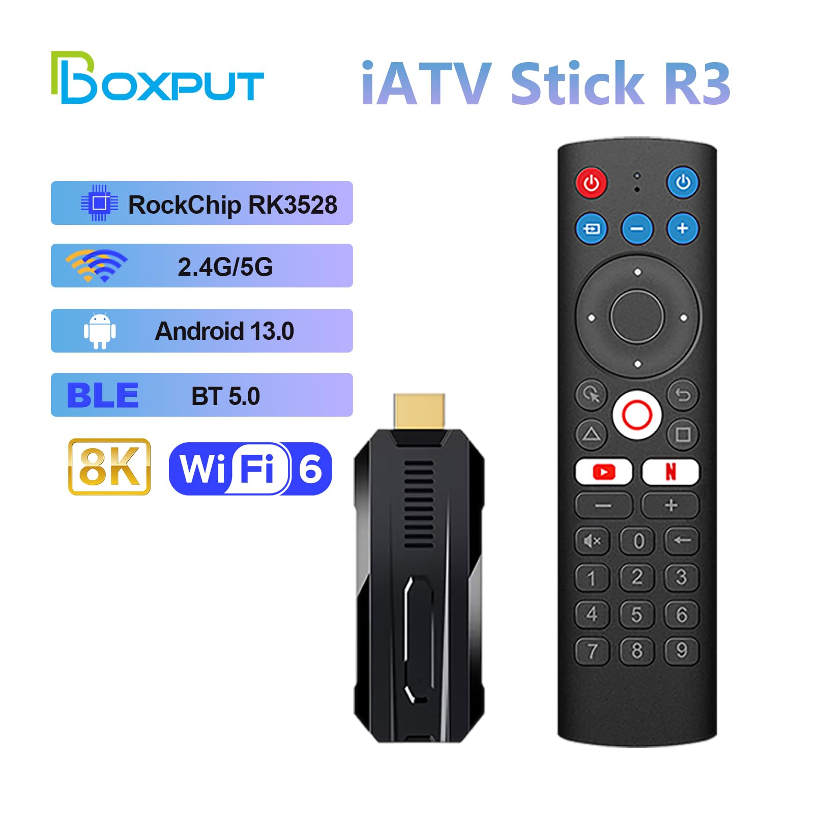 BOXPUT R3 TV Stick, Android 13 TV Stick, 2G 16G 4K Max Streaming, Dual WiFi6 2.4G/5G BT5.0 8K Decodifica TV Stick, con telecomando Bluetooth vocale isolamento a infrarossi