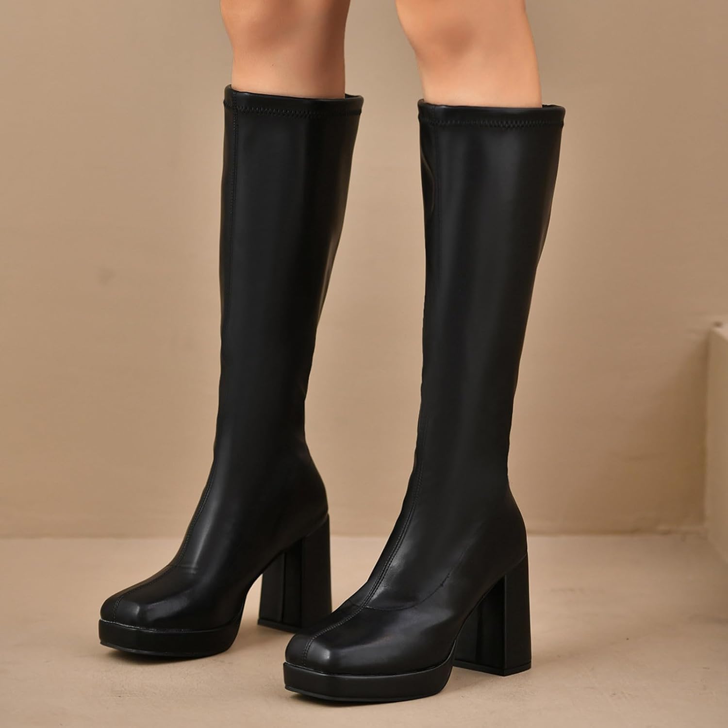 Lady Platform Knee High Boots:Fashion Chunky Heel Booties Round Toe Side Zipper Footwear Party Dressy Wide Calf Shoes