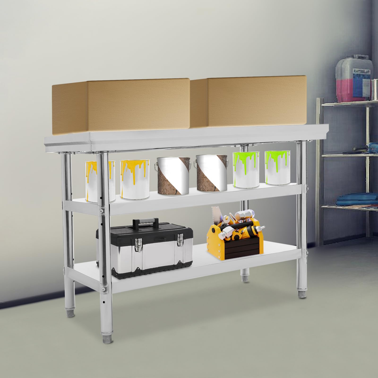 Mesa de trabajo de acero inoxidable, 3 estantes, mesa de acero inoxidable con estante y patas ajustables ajustables, mesa de barbacoa, mesa de bar, mesa de cocina multifuncional para