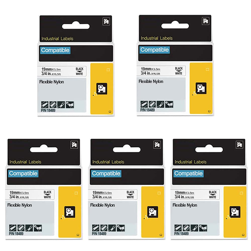 18489 Flexible Nylon Label Tapes Replacement for Dymo Rhino 3/4'' Black on White Industrial Tapes Work for Dymo Rhino 4200 5200 5000 6000 Industrial