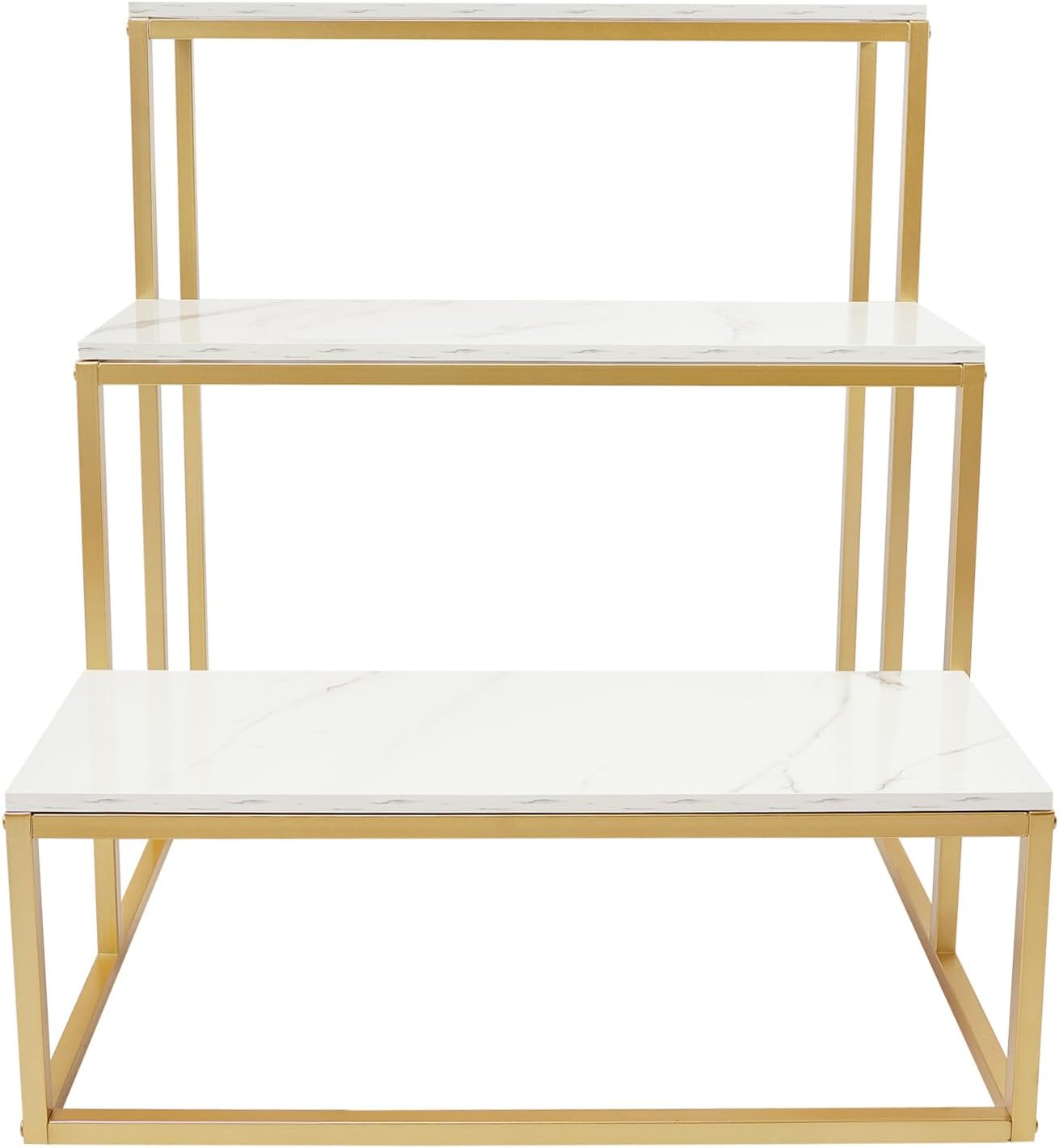 Metal Shoe Handbag Display Stand, 3 Tier Modern Nesting Tables, Heavy Duty Display Riser Shelf for Retail Stores, Carbon Steel and Solid Wood, Gold