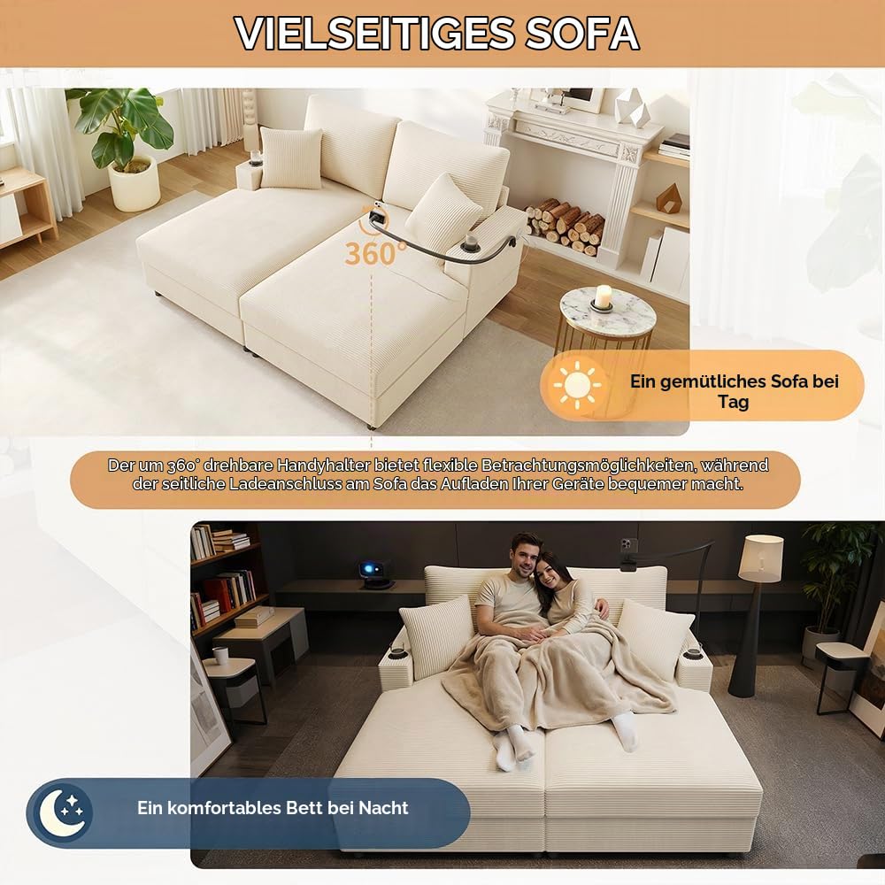 Bladez Doppelschlafsofa mit Schlaffunktion, Cord Sofa mit gepolsterter Liegefläche, Handyhalterung, USB- & USB-C-Anschluss, Getränkehalter, 2-Sitzer Couch für Wohnzimmer & Schlafzimmer (beige)